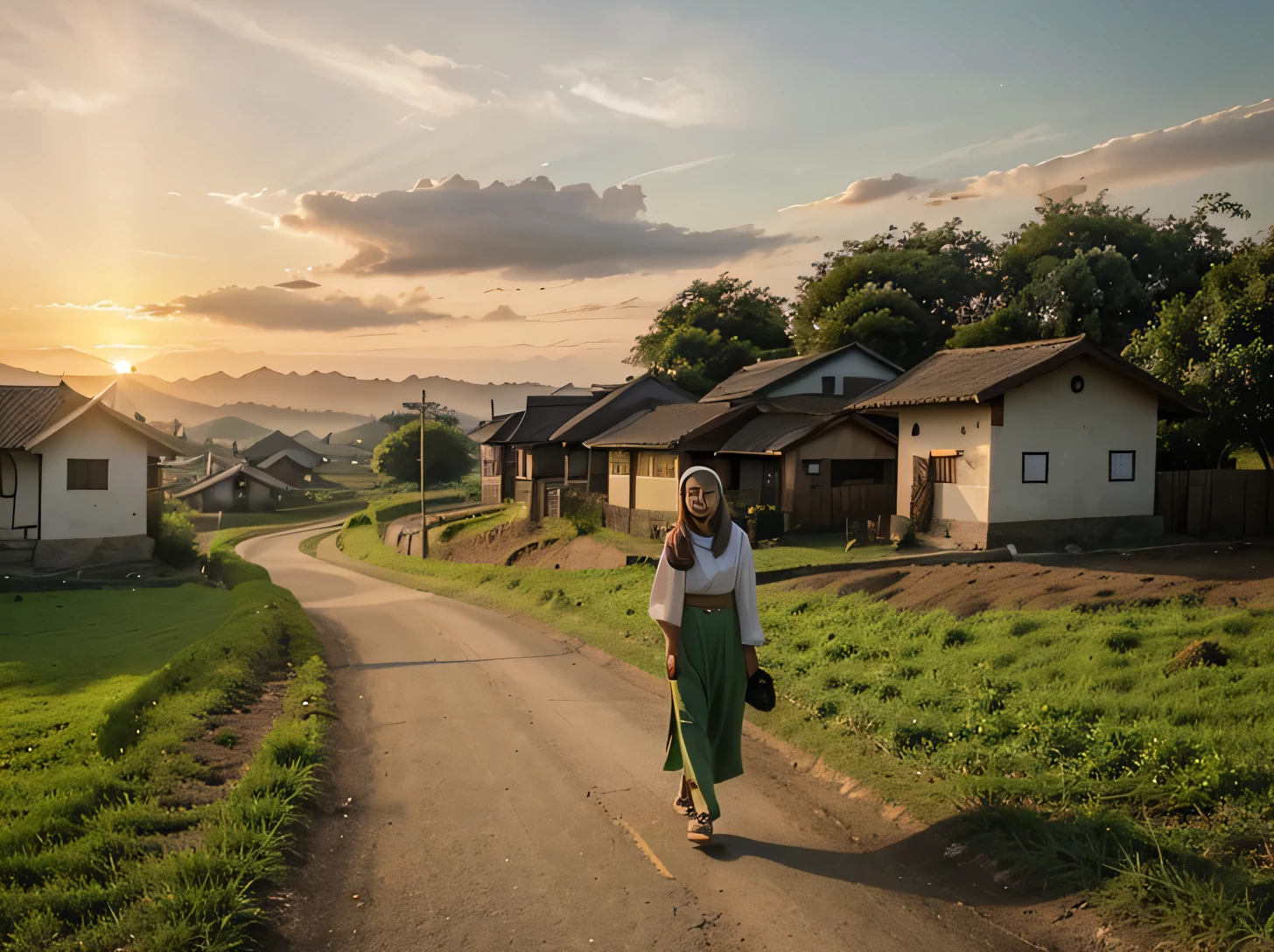 Aisyah, with a bright smile on her face, walks through the village. Simple houses and green fields surround her. The rising sun paints the morning sky with warm colors.