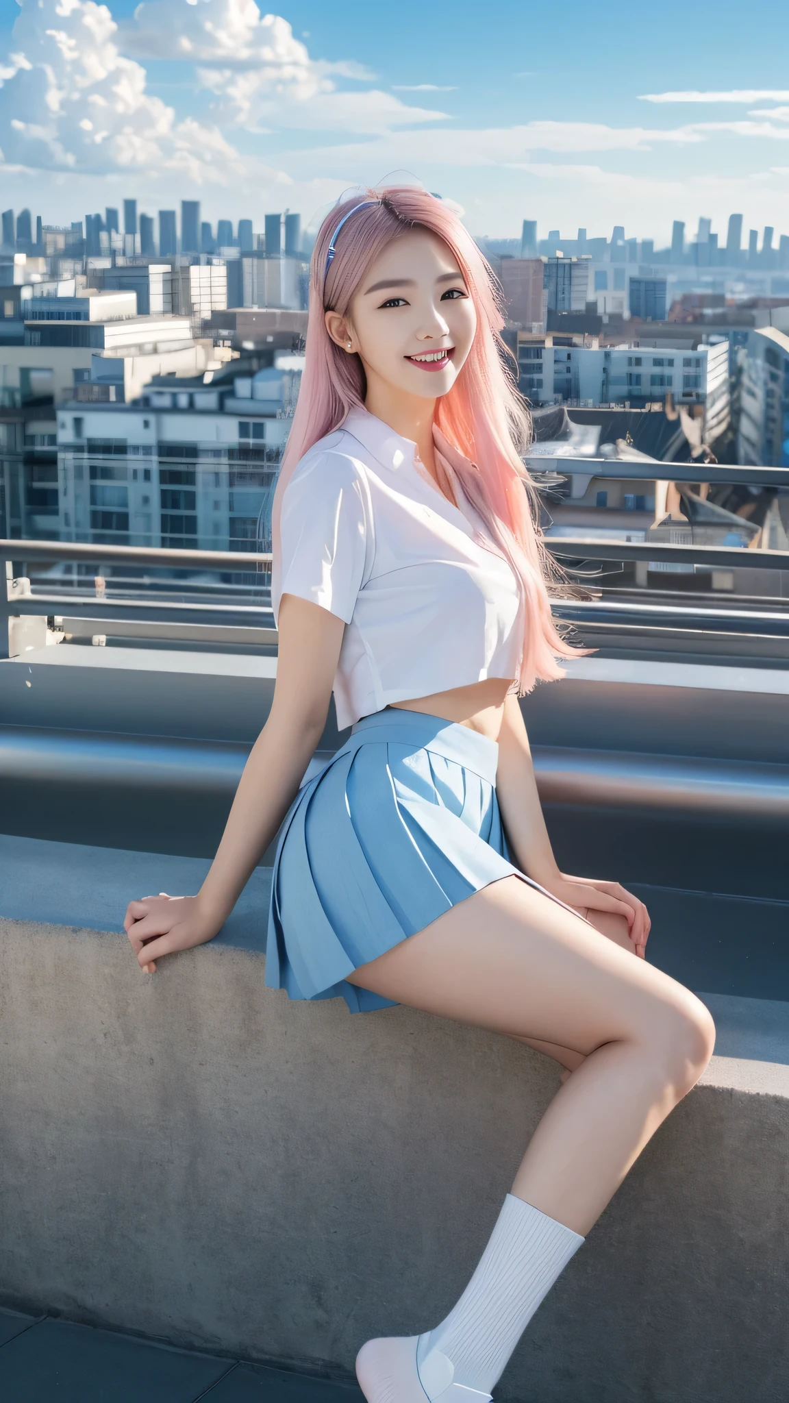 Official Art, masterpiece, Clear focus, (Beautiful, gorgeous and lovely Korean woman:1.3), (Beautiful and cute Korean:1.3), Korean beauty, exquisite beautiful hair、eyes and face, Practical, Super detailed, beautiful girl, Blue sky, Glowing white particles, (Side Light:1.2), Sunlight, White Cloud, Detailed clouds, slim, Very cute big and big butt, grin, ((Smile with your eyes, Open your eyes)), landscape, Long and straight hair, sexy facial expression, architecture, (city View:1.7), Dynamic Hair, Long and straight hair, Detailed platinum pink hair, glowing blue eyes, (Blue Pleated Shirt + White Skirt), White socks, Pale skin, Hair accessories, epic landscape,
