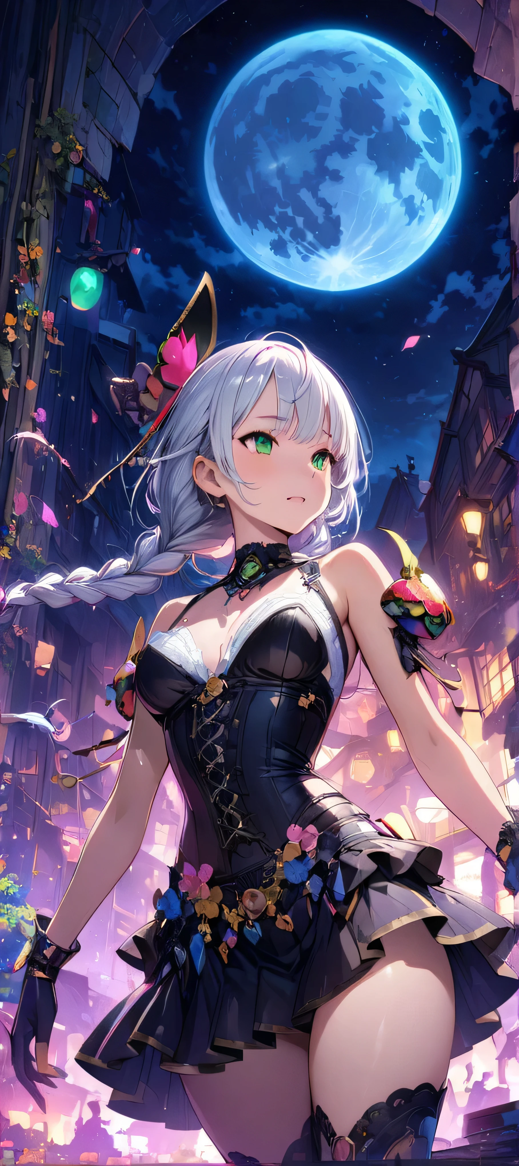 (masutepiece, of the highest quality, Best Quality, Official art, Beautiful and aesthetic:1.2),  Extremely detailed,(Colorful:1.1),highest details, one arafed woman with braids white hair and pink tips  and green eyes, sexy corset and mini skirt, sfw, night, blue moon