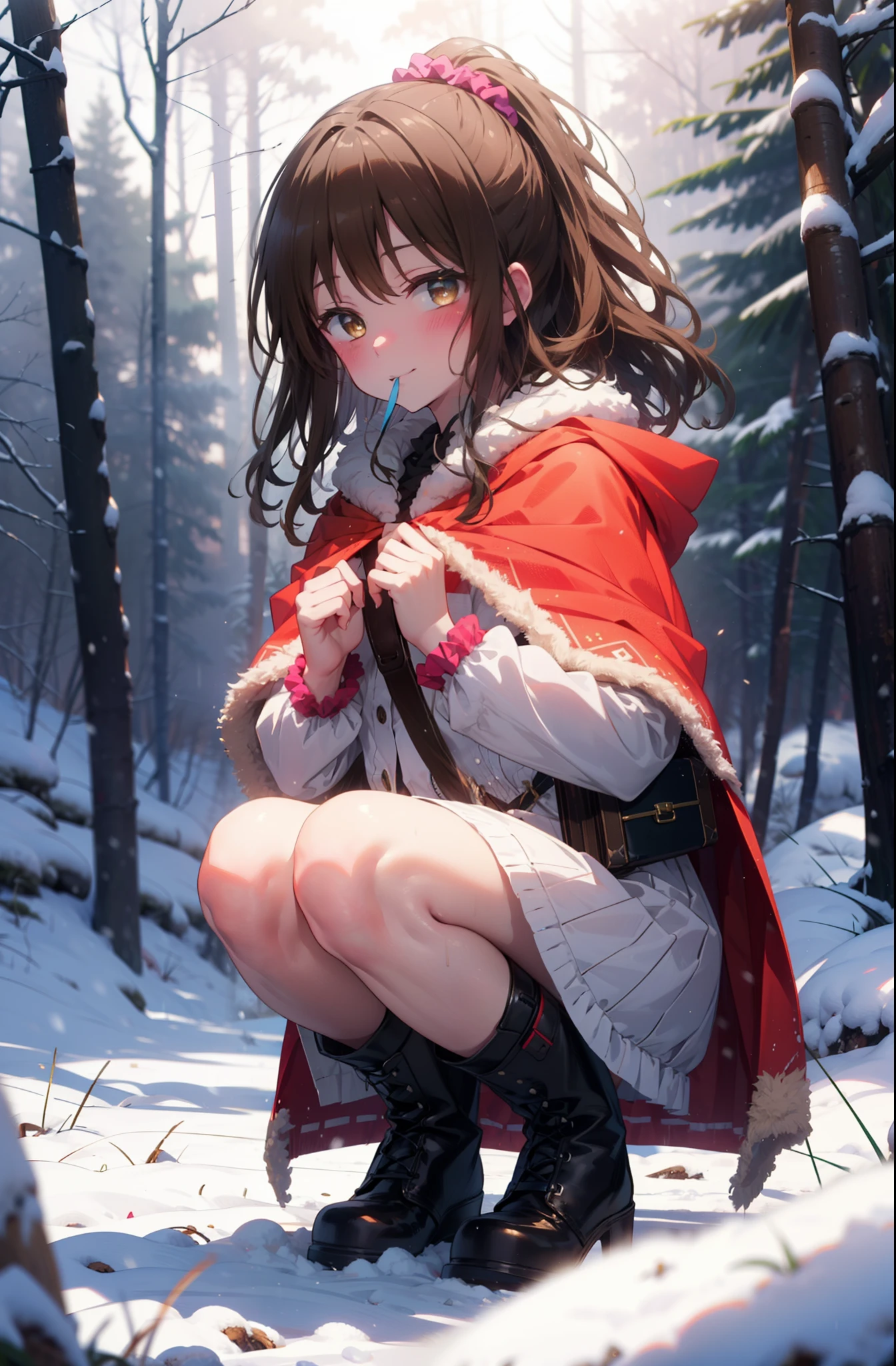 Follow Us, Yuki mandarin orange, (Brown eyes:1.5), Brown Hair, hair ornaments, hair Scrunchie, Long Hair, pink Scrunchie, Scrunchie, (Flat Chest:1.2),smile,,smile,blush,White Breath,
Open your mouth,snow,Ground bonfire, Outdoor, boots, snowing, From the side, wood, suitcase, Cape, Blurred, , forest, White handbag, nature,  Squat, Mouth closed, Cape, winter, Written boundary depth, Black shoes, red Cape break looking at viewer, Upper Body, whole body, break Outdoor, forest, nature, break (masterpiece:1.2), highest quality, High resolution, unity 8k wallpaper, (shape:0.8), (Beautiful and beautiful eyes:1.6), Highly detailed face, Perfect lighting, Highly detailed CG, (Perfect hands, Perfect Anatomy),