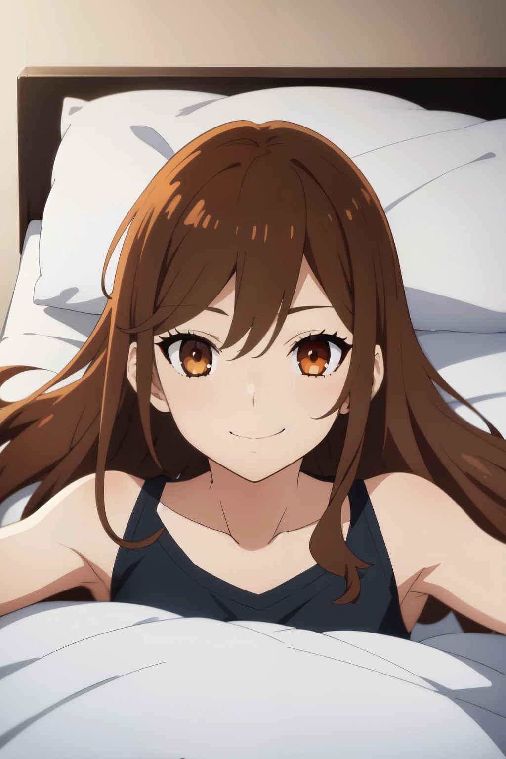 Anime background art, bottom of room, one bed, lying on a bed, beautiful anime scenes, 4K anime art wallpaper, 4k anime art wallpaper, Rosla global illumination, anime girl, best quality, detailed, 1 girl, alone, same as LORA, same as lora, closed mouth, smile, brown hair, long hair, brown eyes, looking at viewer, perfect face, perfect eyes, defined eyes, lora costume.
