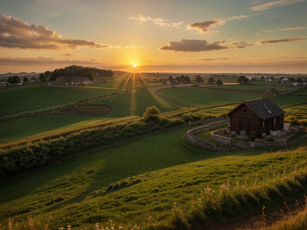 Simple houses and green fields surround her. The rising sun paints the morning sky with warm colors.