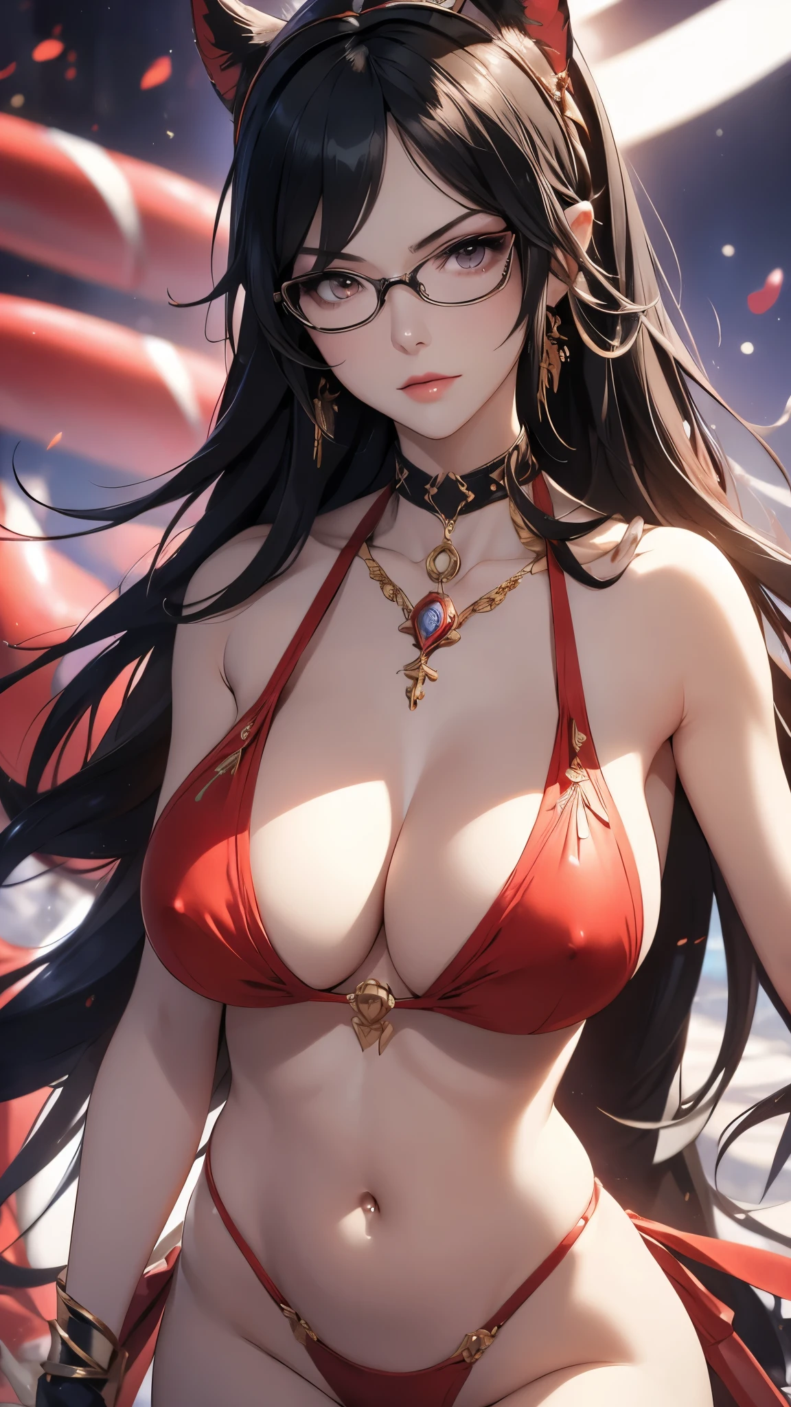 Bayonetta, nue (huge tits), gros seins enormes, Haut du corps, abdos, bikini comme s&#39;ils n&#39;existaient pas, deserted beach, gros seins, gigantesque seins, 4K ultra UHD, mains parfaites, cing doigts, yeux parfaits, bikini dentelle rouge