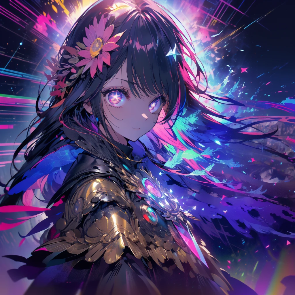 ((Fantasy Long Hair Pink Eyes Rainbow Hair Black Dress Archangel)) ((night Western style Shining Aura Face is close Standing in a flower field))Distorted Space-Time explosion rupture Hold the crystal and hold it up to the sky Broken glass Big ribbon Big Moon First magnitude star Light shines in Catch the wind Tense face Shining Edge Reflection of light Bathed in light Emit an aura Look over smile On the water horizontal line constellation Planetarium