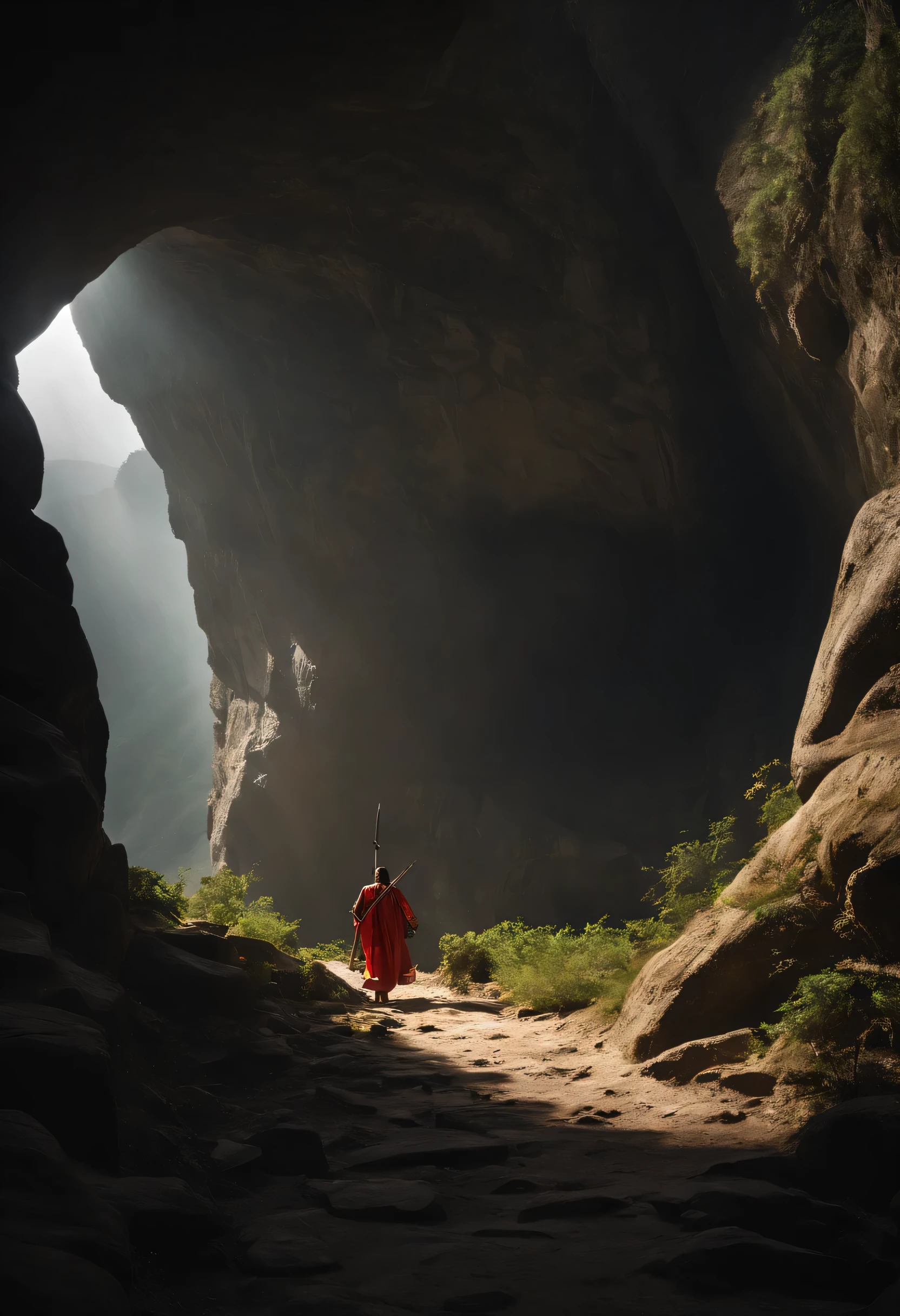 A big cave in a big mountain from where sunlight is coming out, The case took place in one"China-style、swordsmen、Dark、suspenseful、curiosity"of the world： After a thousand days of rain，The sky is cloudy，For a long time, Chang'an Imperial City，emerges"Rain dissolves"of tragedies，A male warrior was ordered to track down，Recruit talent，Walk around，The layout is meticulouysteries await you to solve, at night time, Takeshi took up his sword and faced the enemies alone, While reading a magical book inside the cave, golden light