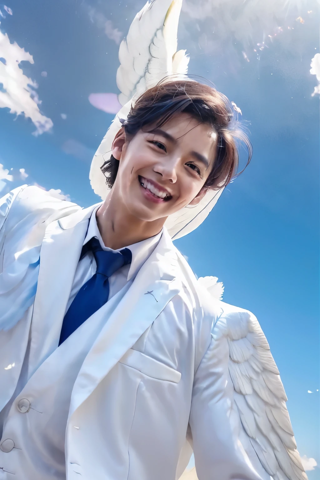 masterpiece, The best quality at its best, 1peopleの男の子, アジアpeople男性, 東アジアpeople, people, Muscles are balanced, (((White Wings:1.5)))、Short Hair Details,With a smile, White teeth, Blue striped suit, Realistic Style,photograph,Viewed from the front, Displaying the viewer,(((Flying in the sky:1.5)))、Sky、Above the Clouds、((thunder、落thunder、Light))