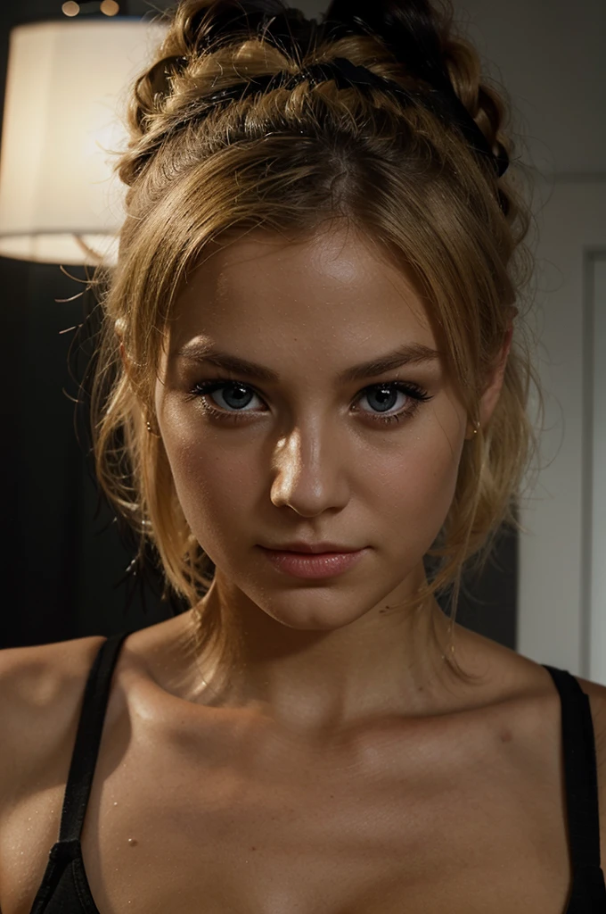 an eye contact of a totally naked extremely horny blond with bun hair and dark theme