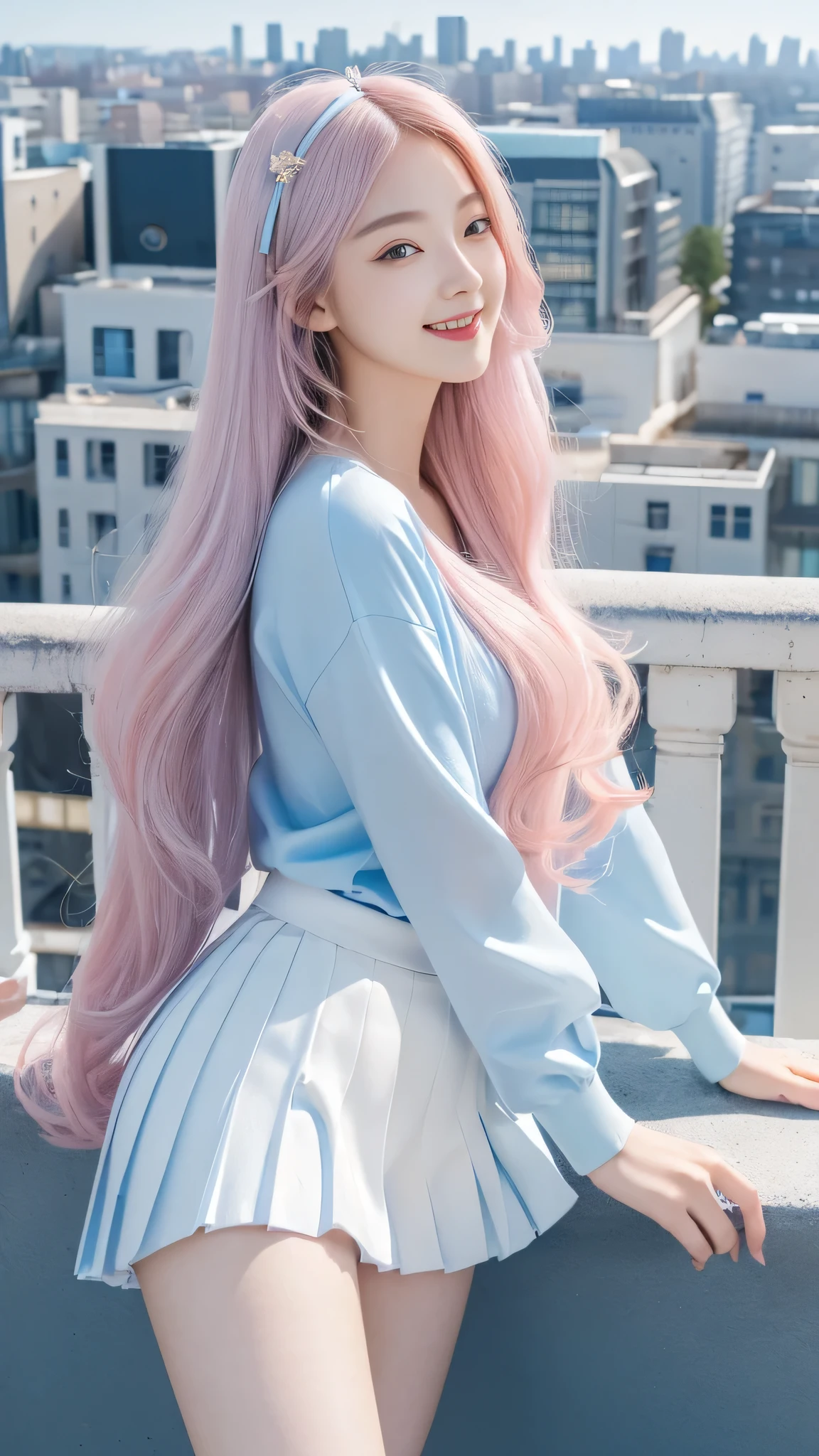 Official Art, masterpiece, Clear focus, (Beautiful, gorgeous and lovely Korean woman:1.3), (Beautiful and cute Korean:1.3), Korean beauty, exquisite beautiful hair、eyes and face, Practical, Super detailed, beautiful girl, Blue sky, Glowing white particles, (Side Light:1.2), Sunlight, White Cloud, Detailed clouds, slim, Very cute big and big butt, grin, ((Smile with your eyes, Open your eyes)), landscape, Long and straight hair, sexy facial expression, architecture, (city View:1.7), Dynamic Hair, Long and straight hair, Detailed platinum pink hair, glowing blue eyes, (Blue Pleated Shirt + White Skirt), White socks, Pale skin, Hair accessories, epic landscape,
