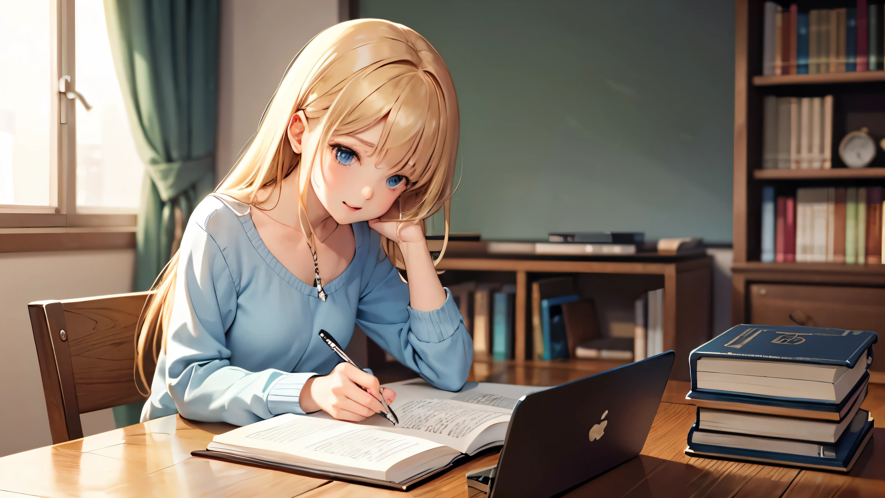 Anime girl sitting at desk writing book