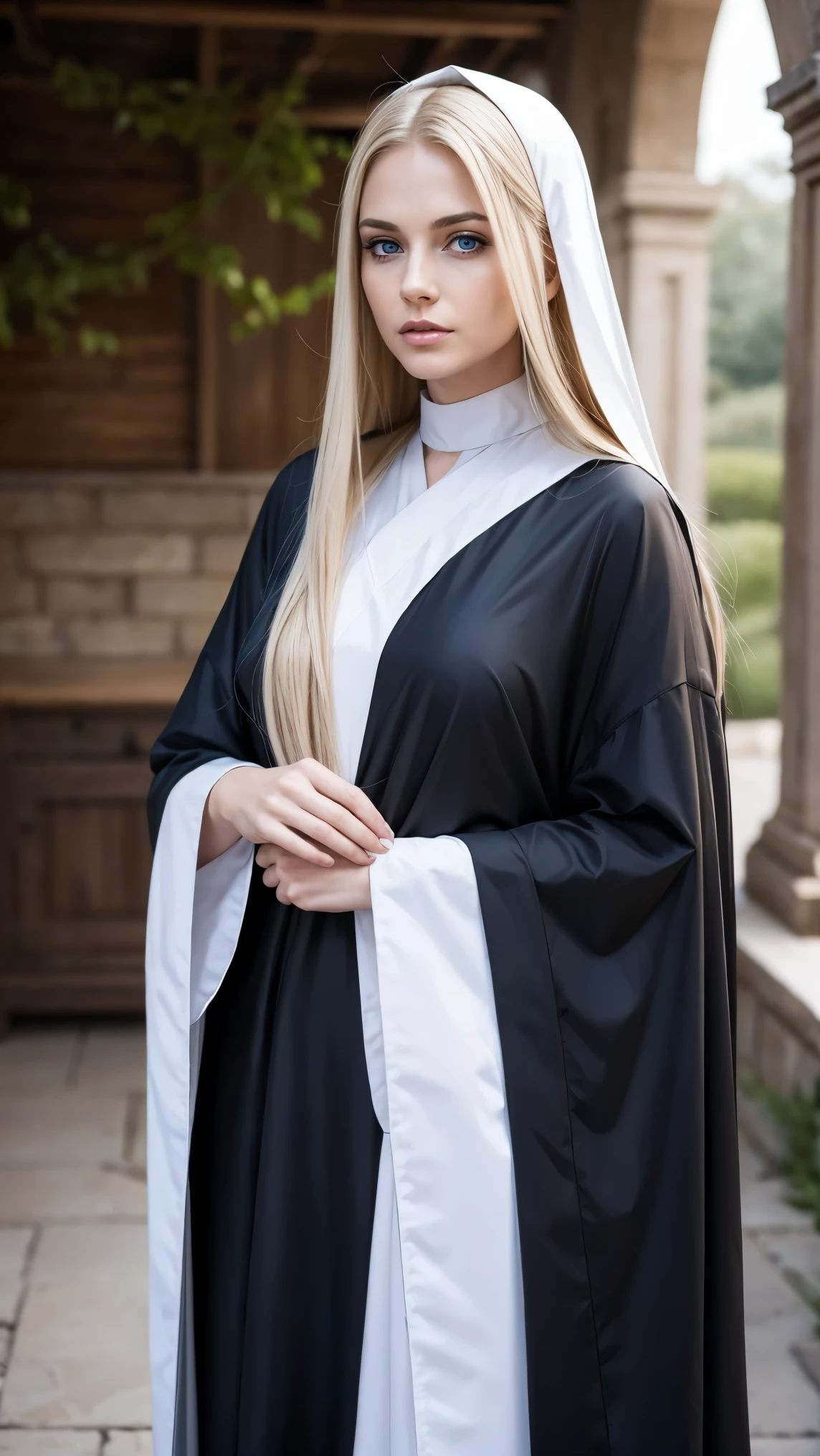 full body Pure blond straight hair, (long hair) (((straight hair))), Detailed hair, Blue Eyes, beautiful eyes, light on the face, pale skin, a 50 year old mysterious, dark, woman, nun,