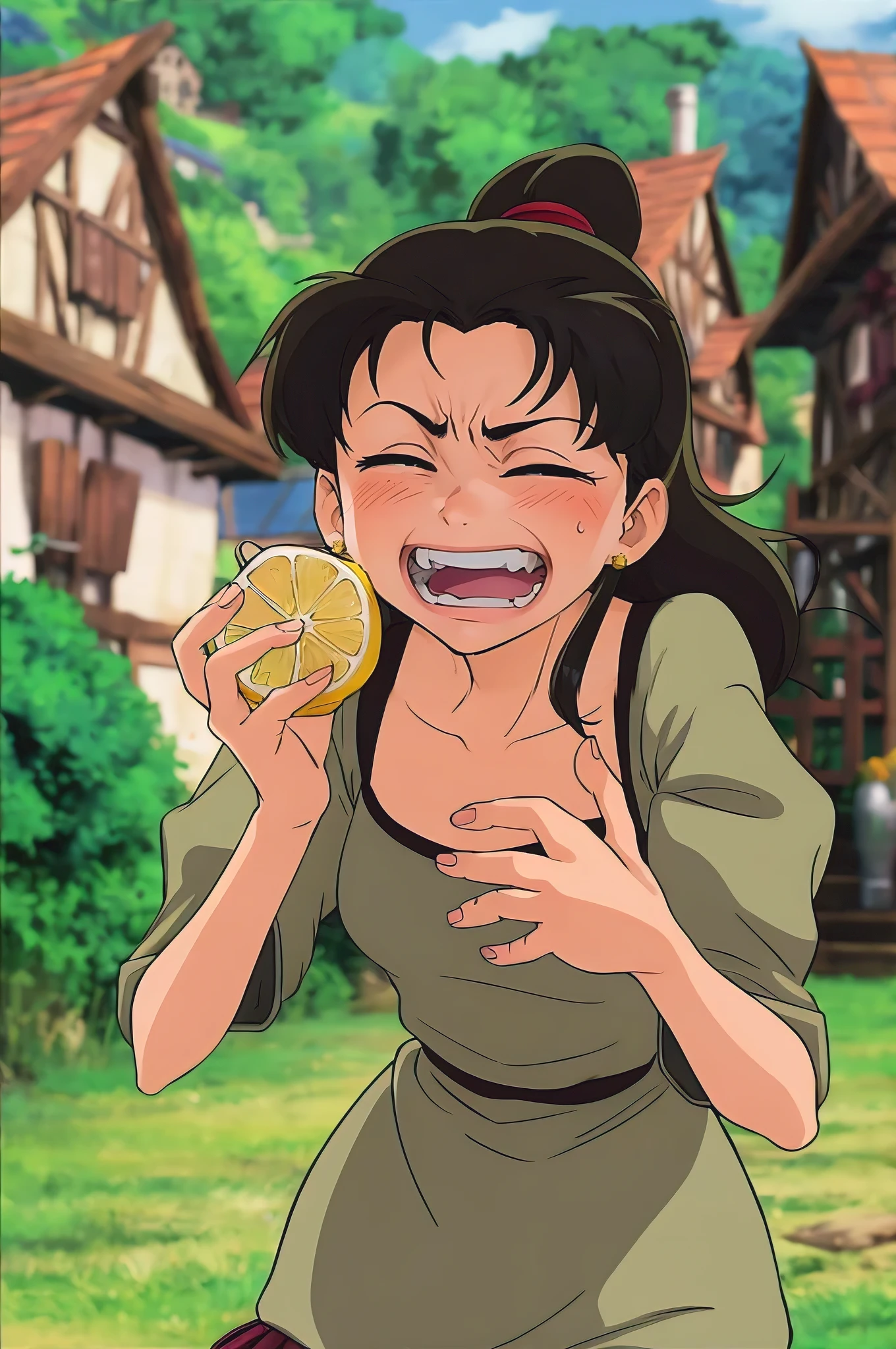 An adorable and humorous anime scene featuring a pretty young woman grimacing after biting into a lemon. The slice of lemon is still in her hand, while her facial expression conveys the intense sourness she just experienced. She is dressed in a simple but stylish outfit, with a playful expression that adds to the comedic effect. The background showcases a Ghibli-style village with quaint houses and lush greenery., anime