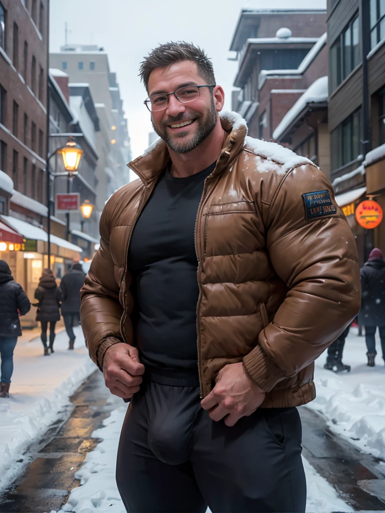 Award-winning original photo,2 people, Wild muscle man, (40 year old dad:1.1), beard, Burly, Macho, Jacket, Big bulge,Excellent J8,Smiling happily, One of the men wearing glasses, standing on a snow city streets, Cold atmosphere, snow, Embrace, detailed, charming, Close-up of face,Perfect hand details