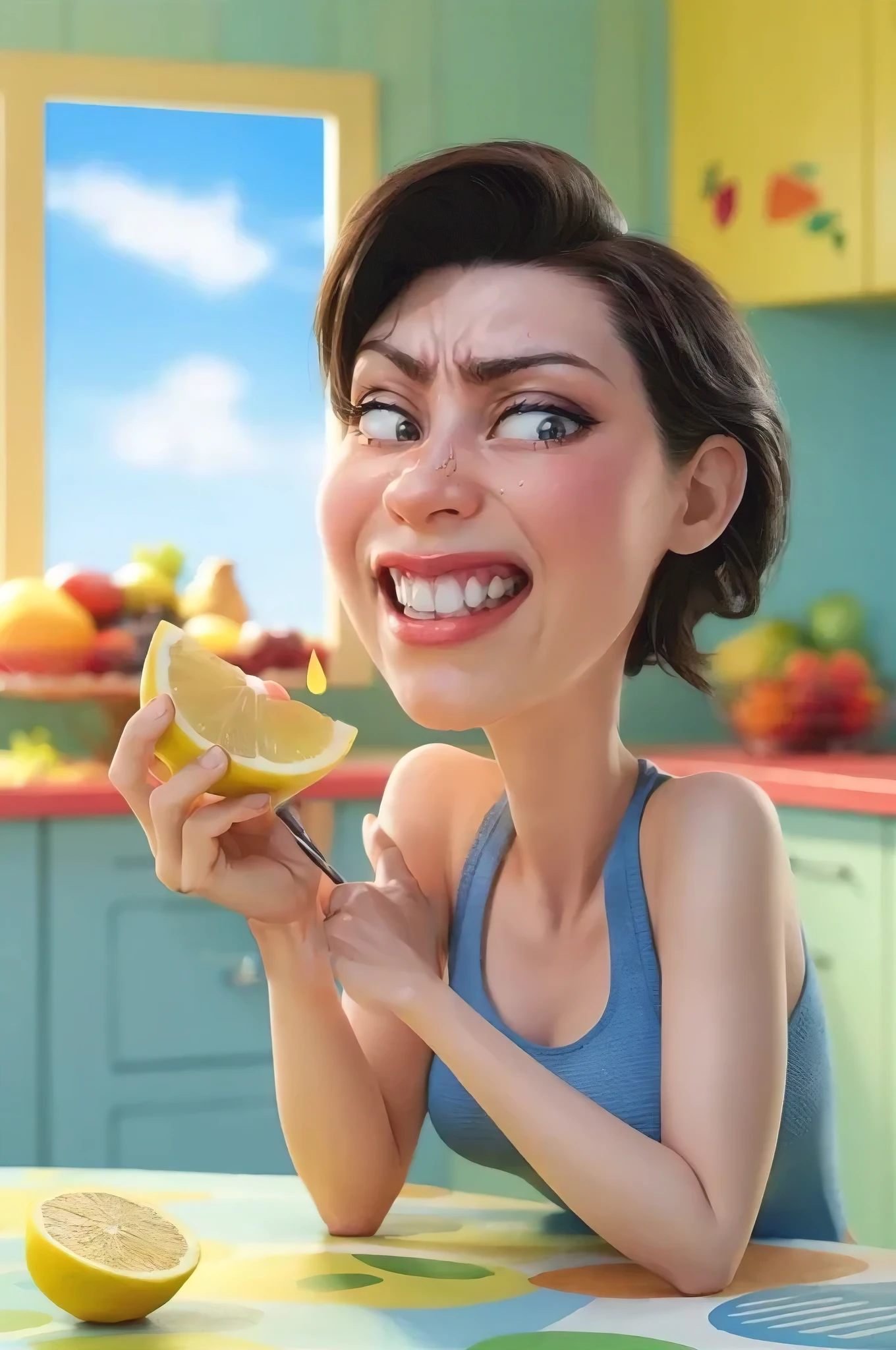 Ugly skinny woman with nose bigger than face Disney style next to a led sign that says kalostra