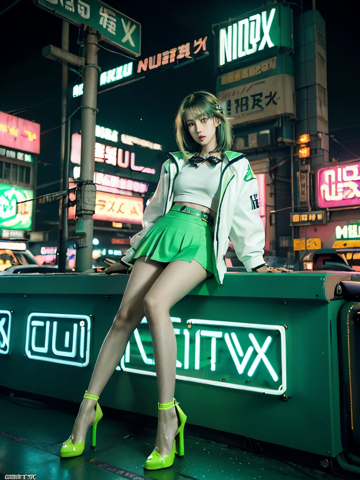(((cyberpunk world))), (masterpiece, of the highest quality, Best Quality, Official art, Beautiful and aesthetic:1.2), (1 girl:1.4), Full body, , super short cut hair, (green hair:1.4), (highly detailed:1.3), (Colorful:1.5), (mechanical modification:1.3), (high school girl:1.3), white skin, (Fox eyes:1.2), Japanese girl, (neon background:1.4), (neon city:1.75), night, large breasts, (high school uniform:1.5), high-heels, makeup, (cyberpunk:1.4), (looking at viewer:1.3), colossal tits, Detailed skin texture, Detailed cloth texture, Beautiful detailed face, Intricate details, Ultra detailed