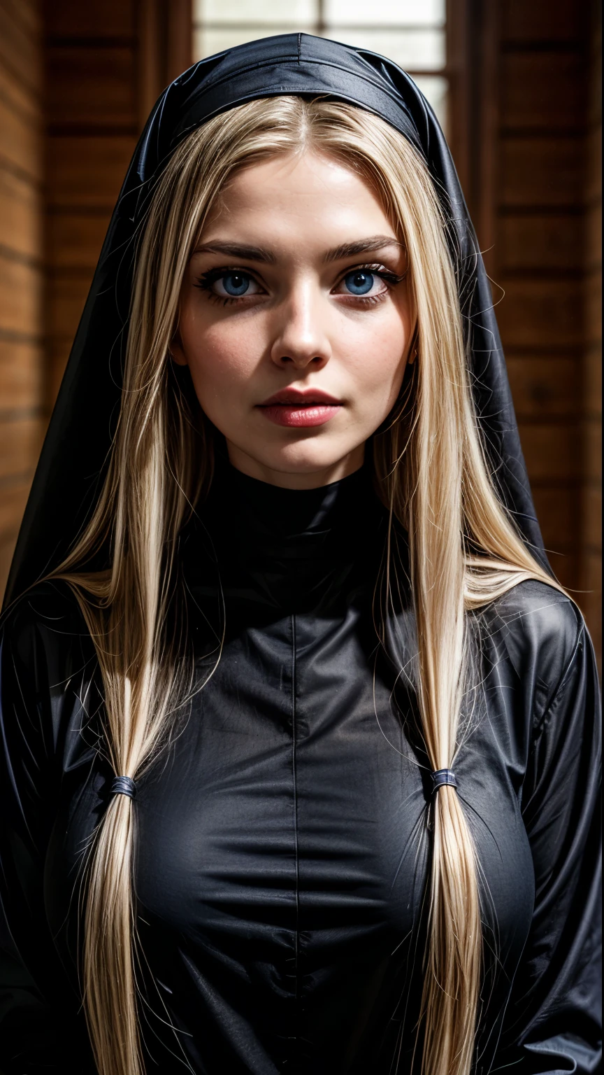 a 50 year old mysterious, dark, woman, nun, Pure blond straight hair, (long hair) (((straight hair))), Detailed hair, Blue Eyes, beautiful eyes, light on the face, pale skin,