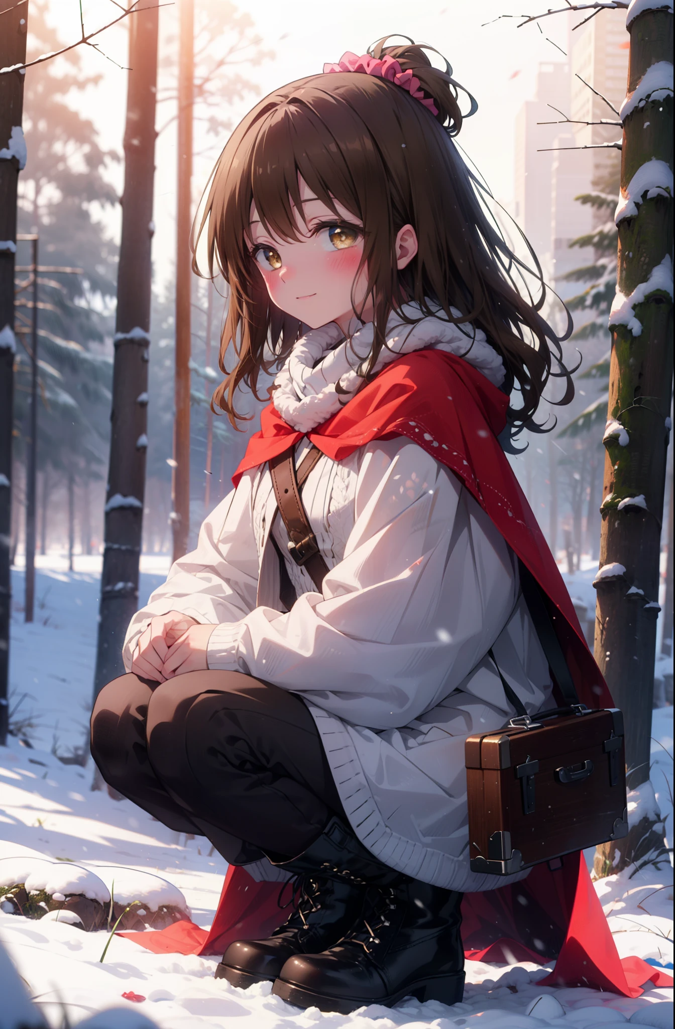 Follow Us, Yuki mandarin orange, (Brown eyes:1.5), Brown Hair, hair ornaments, hair Scrunchie, Long Hair, pink Scrunchie, Scrunchie, (Flat Chest:1.2),smile,,smile,blush,White Breath,
Open your mouth,snow,Ground bonfire, Outdoor, boots, snowing, From the side, wood, suitcase, Cape, Blurred, , forest, White handbag, nature,  Squat, Mouth closed, Cape, winter, Written boundary depth, Black shoes, red Cape break looking at viewer, Upper Body, whole body, break Outdoor, forest, nature, break (masterpiece:1.2), highest quality, High resolution, unity 8k wallpaper, (shape:0.8), (Beautiful and beautiful eyes:1.6), Highly detailed face, Perfect lighting, Highly detailed CG, (Perfect hands, Perfect Anatomy),