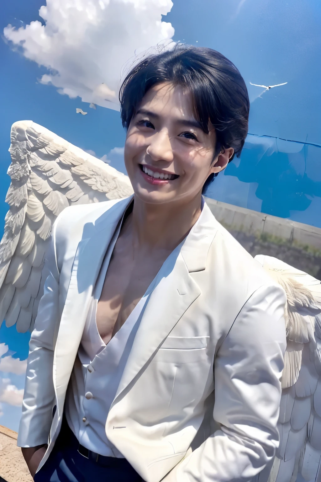 masterpiece, The best quality at its best, 1peopleの男の子, アジアpeople男性, 東アジアpeople, people, Muscles are balanced, (((White Wings:1.5)))、Short Hair Details，With a smile,  black striped suit,  Realistic Style，photograph，Viewed from the front, Displaying the viewer，(((Flying in the sky:1.5)))、Sky、Above the Clouds、((thunder、落thunder、Light))