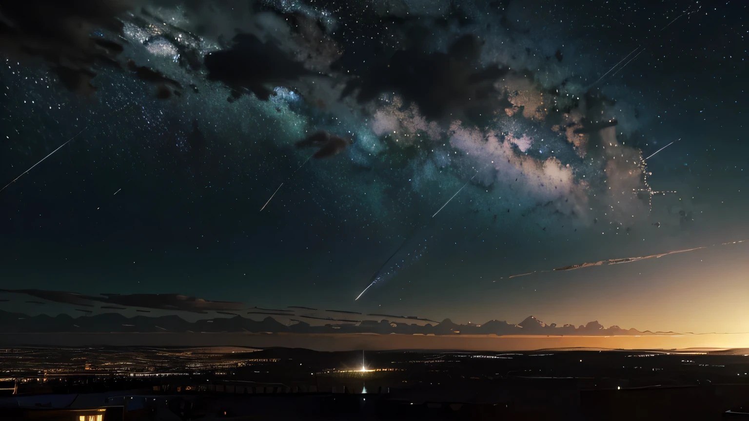 High quality masterpiece, landscape, line, Meteorite Crater, Bright starry sky. shooting star. Romantic Liner, Pixiv, Concept Art, Lofi Art Style, reflection. Makoto Shinkai, Roffie Art, Beautiful anime scene, Anime landscape, Detailed landscape — width 672, Makoto Shinkai's Style, Makoto Shinkai's Style, Enhanced Details.