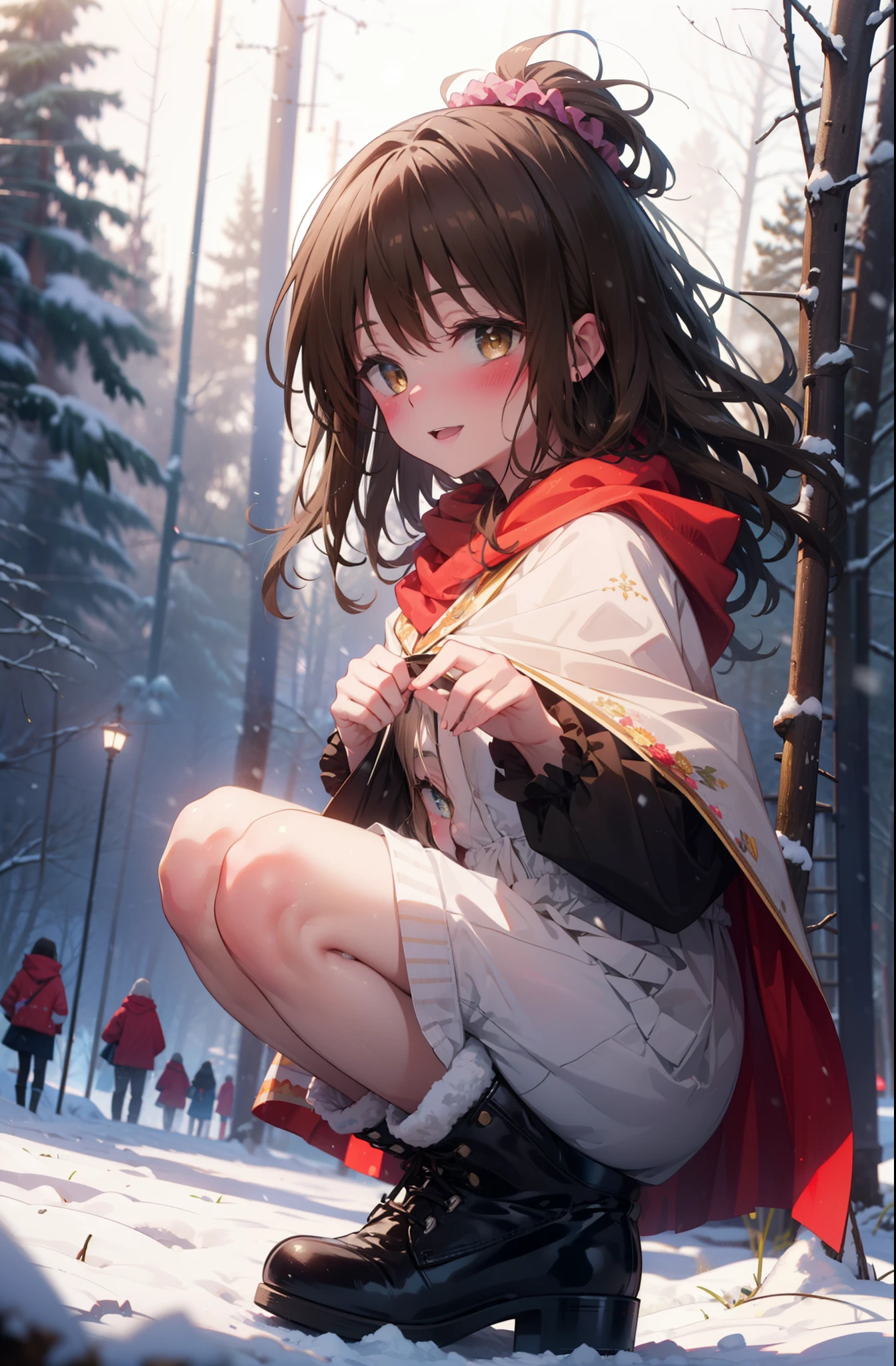 Follow Us, Yuki mandarin orange, (Brown eyes:1.5), Brown Hair, hair ornaments, hair Scrunchie, Long Hair, pink Scrunchie, Scrunchie, (Flat Chest:1.2),smile,,smile,blush,White Breath,
Open your mouth,snow,Ground bonfire, Outdoor, boots, snowing, From the side, wood, suitcase, Cape, Blurred, , forest, White handbag, nature, Squat, Mouth closed, Cape, winter, Written boundary depth, Black shoes, red Cape break looking at viewer, Upper Body, whole body, break Outdoor, forest, nature, break (masterpiece:1.2), highest quality, High resolution, unity 8k wallpaper, (shape:0.8), (Beautiful and beautiful eyes:1.6), Highly detailed face, Perfect lighting, Highly detailed CG, (Perfect hands, Perfect Anatomy),