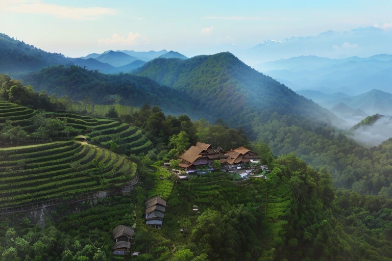 There is a house on the top of the mountain,Wooded, " Aerial view of the mountains, assam tea garden setting, background: assam tea garden, Bird's Eye View CineStill 800t 18mm, Watch from above, drone shot, Dojo on the mountain, ( Visually stunning, Viewed from slightly above, Terraced orchards and ponds