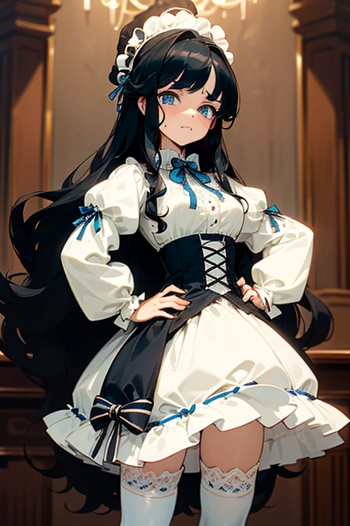 (masterpiece, best quality), warm lighting, blurry foreground, ((White ruff)), 1 girl, cowboy shot, ((victorian outfit)), (lolita attire), (((fluffy hair))), makeup, finely detailed, (best quality), (intricate details), ((Long jet black hair)), ((Hair is fluffy)), best quality, ((Puffy long sleeve dress)), (white ruff), ((Thigh high socks)), ((socks are white)), ((round eyes)), beautiful face, cute face, pinup, perfect face, (((blue eyes))), ((curly long hair)), ((disgusted expression)), Dress is long, hands on hips