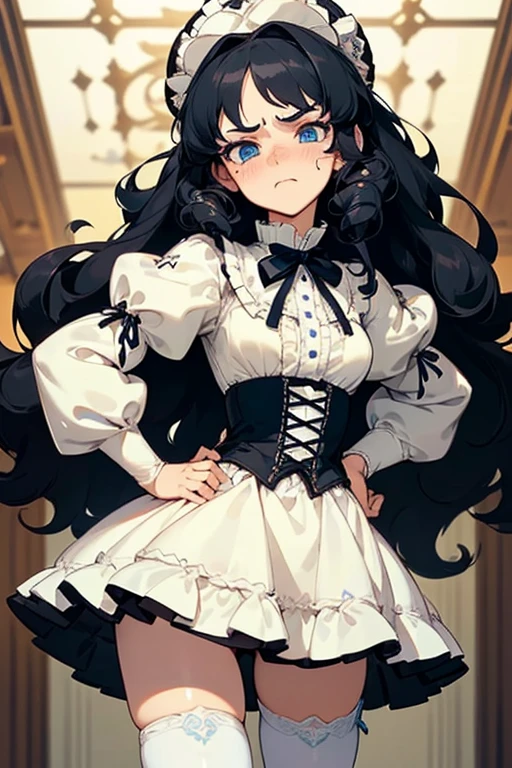 (masterpiece, best quality), warm lighting, blurry foreground, ((White ruff)), 1 girl, cowboy shot, ((victorian outfit)), (lolita attire), (((fluffy hair))), makeup, finely detailed, (best quality), (intricate details), ((Long jet black hair)), ((Hair is fluffy)), best quality, ((Puffy long sleeve dress)), (white ruff), ((Thigh high socks)), ((socks are white)), ((round eyes)), beautiful face, cute face, pinup, perfect face, (((blue eyes))), ((curly long hair)), ((disgusted expression)), Dress is long, hands on hips