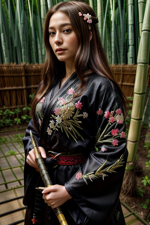 ((highest quality)), ((masterpiece)), (detailed), Perfect Face、Beautiful costumes(High-end kimono(Black kimono(Detailed embroidery)、Japanese sword、Bamboo grove、Brown Hair、Long hair fluttering