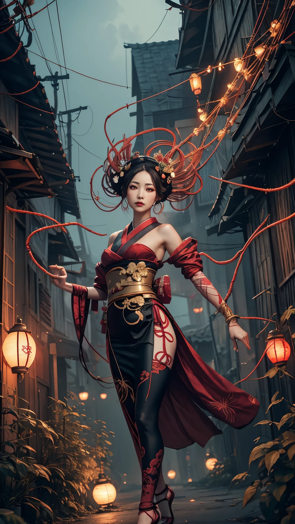 floating Geisha cenobite hybrids made of wires, cables, and electronics, wrapped in red gold vines with wires blending into the surroundings, flying in mid-air, dynamic pose, surrounded by thorny tentacles, creating a mysterious atmosphere. Full-length shot with surreal photography style, using colorful tones, deep colors, high contrast effects, with a mysterious misty village atmosphere, set against a backdrop of slum housing in foreground,