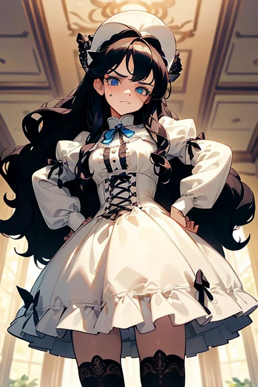 (masterpiece, best quality), warm lighting, blurry foreground, ((White ruff)), 1 girl, cowboy shot, ((victorian outfit)), (lolita attire), (((fluffy hair))), makeup, finely detailed, (best quality), (intricate details), ((Long jet black hair)), ((Hair is fluffy)), best quality, ((Puffy long sleeve dress)), (white ruff), ((Thigh high socks)), ((socks are white)), ((round eyes)), beautiful face, cute face, pinup, perfect face, (((blue eyes))), ((curly long hair)), ((disgusted expression)), Dress is long, hands on hips, looking at POV