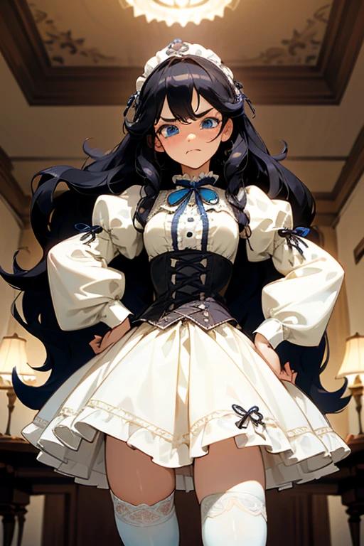 (masterpiece, best quality), warm lighting, blurry foreground, ((White ruff)), 1 girl, cowboy shot, ((victorian outfit)), (ta attire), (((fluffy hair))), makeup, finely detailed, (best quality), (intricate details), ((Long jet black hair)), ((Hair is fluffy)), best quality, ((Puffy long sleeve dress)), (white ruff), ((Thigh high socks)), ((socks are white)), ((round eyes)), beautiful face, cute face, pinup, perfect face, (((blue eyes))), ((curly long hair)), ((disgusted expression)), Dress is long, hands on hips, looking at POV