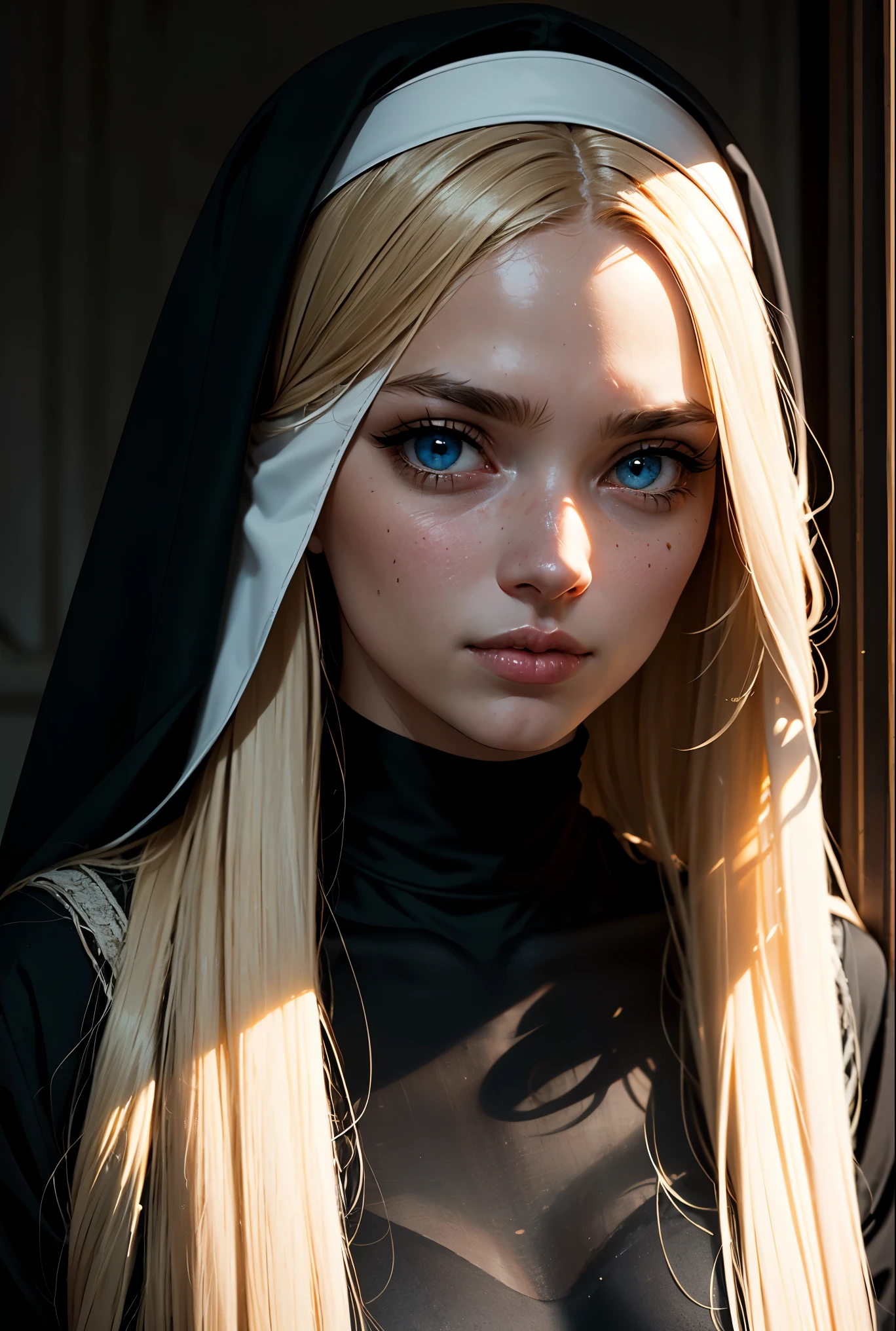 a 50 year old mysterious, dark, woman, nun, Pure blond straight hair, (long hair) (((straight hair))), Detailed hair, Blue Eyes, beautiful eyes, light on the face, pale skin,