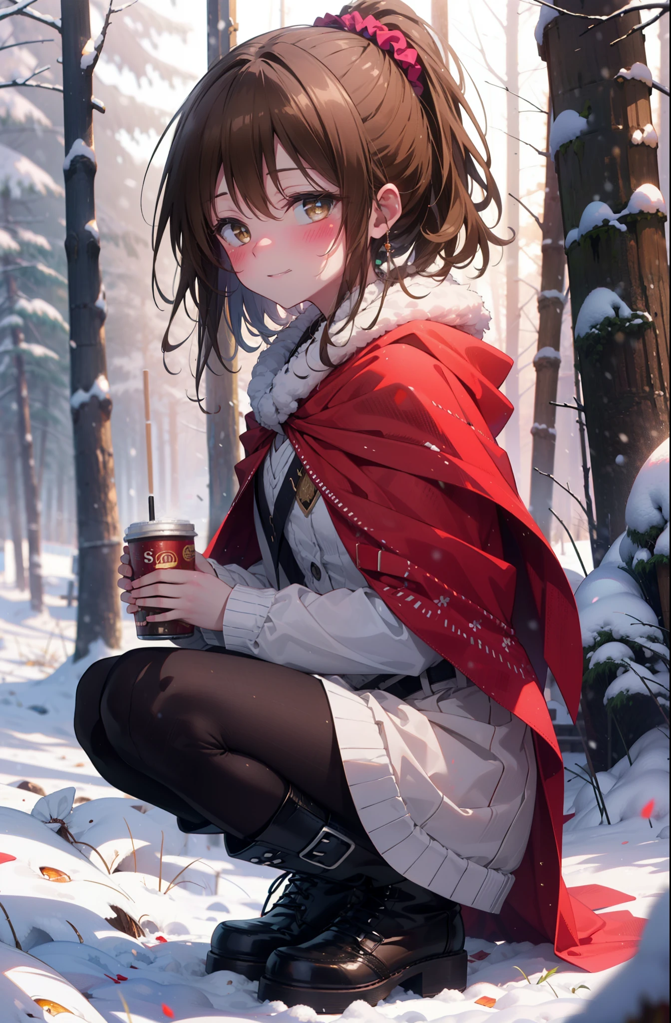 Follow Us, Yuki mandarin orange, (Brown eyes:1.5), Brown Hair, hair ornaments, hair Scrunchie, Long Hair, pink Scrunchie, Scrunchie, (Flat Chest:1.2),smile,,smile,blush,White Breath,
Open your mouth,snow,Ground bonfire, Outdoor, boots, snowing, From the side, wood, suitcase, Cape, Blurred, , forest, White handbag, nature, Squat, Mouth closed, Cape, winter, Written boundary depth, Black shoes, red Cape break looking at viewer, Upper Body, whole body, break Outdoor, forest, nature, break (masterpiece:1.2), highest quality, High resolution, unity 8k wallpaper, (shape:0.8), (Beautiful and beautiful eyes:1.6), Highly detailed face, Perfect lighting, Highly detailed CG, (Perfect hands, Perfect Anatomy),