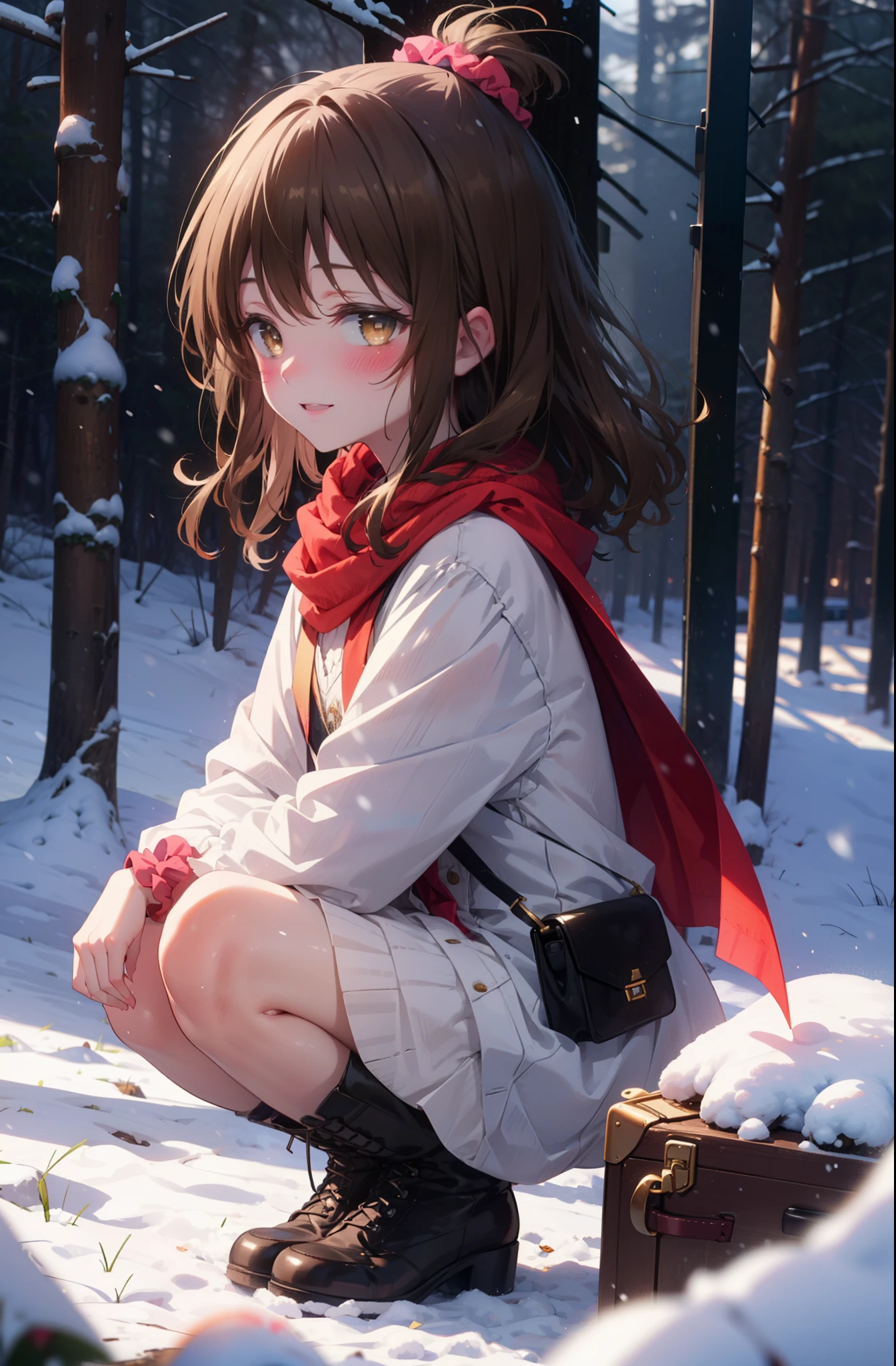 yuihirasawa, Yui Hirasawa, short hair, Brown Hair, hair ornaments, (Brown eyes:1.5), Hair Clip、smile,smile,blush,White Breath,
Open your mouth,snow,Ground bonfire,, Outdoor, boots, snowing, From the side, wood, suitcase, Cape, Blurred, , forest, White handbag, nature,  Squat, Mouth closed, Cape, winter, Written boundary depth, Black shoes, red Cape break looking at viewer, Upper Body, whole body, break Outdoor, forest, nature, break (masterpiece:1.2), Highest quality, High resolution, unity 8k wallpaper, (shape:0.8), (Beautiful and beautiful eyes:1.6), Highly detailed face, Perfect lighting, Highly detailed CG, (Perfect hands, Perfect Anatomy),