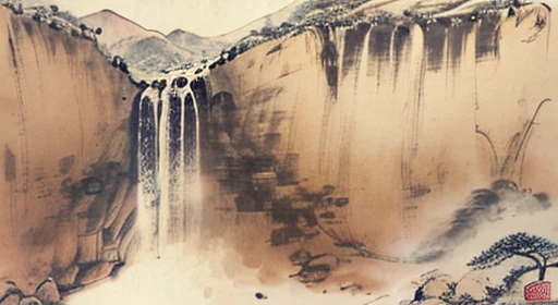 waterfall、Landscape painting、(Ink painting style)、(Beautiful views)、highest quality