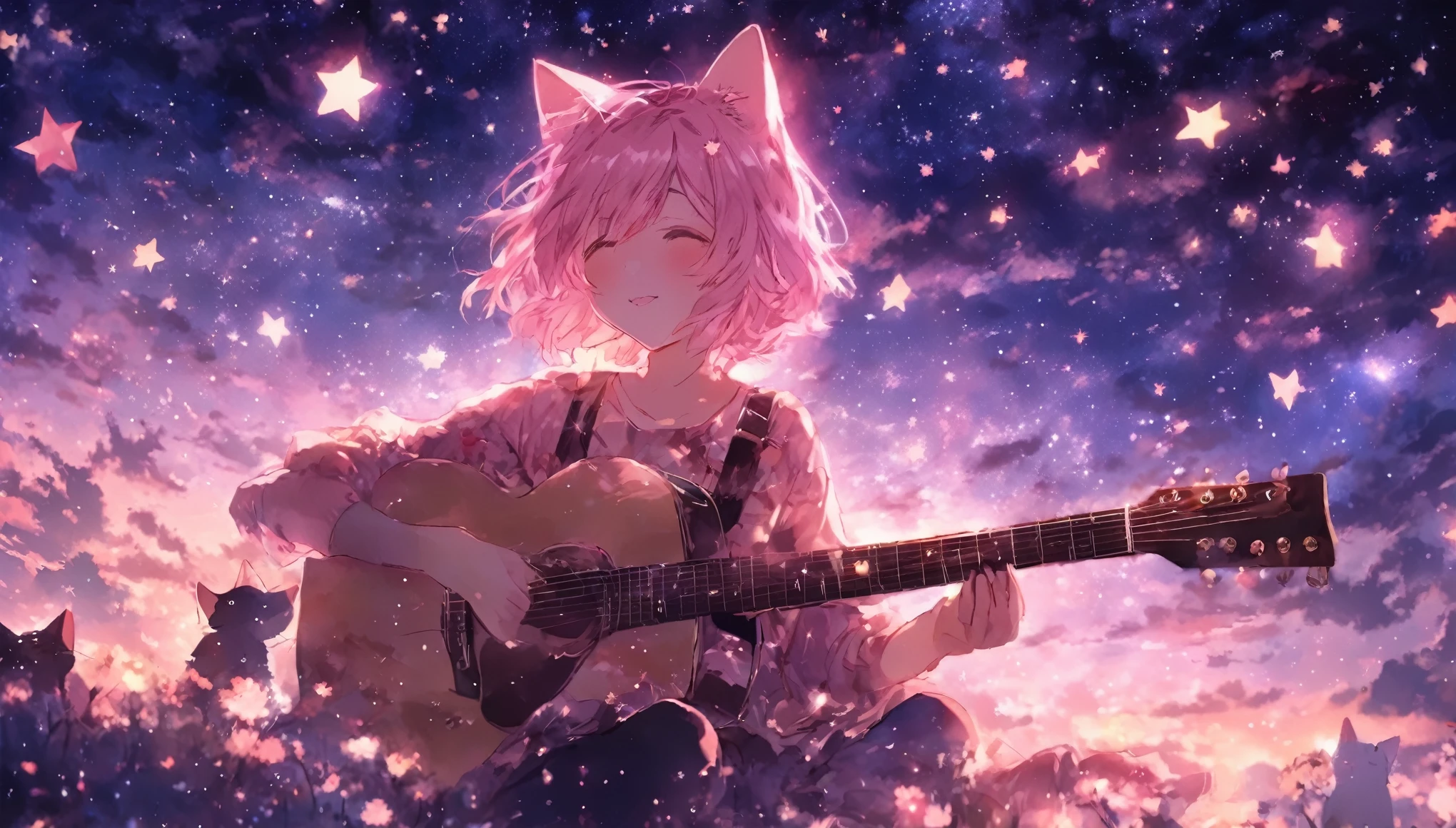 picture a scene of a girl playing the guiter alone with stars in the sky. Anime, pink hair, cat ears. That's her charm.