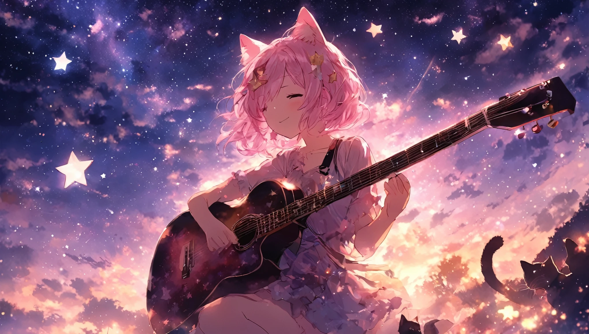 picture a scene of a girl playing the guiter alone with stars in the sky. Anime, pink hair, cat ears. That's her charm.