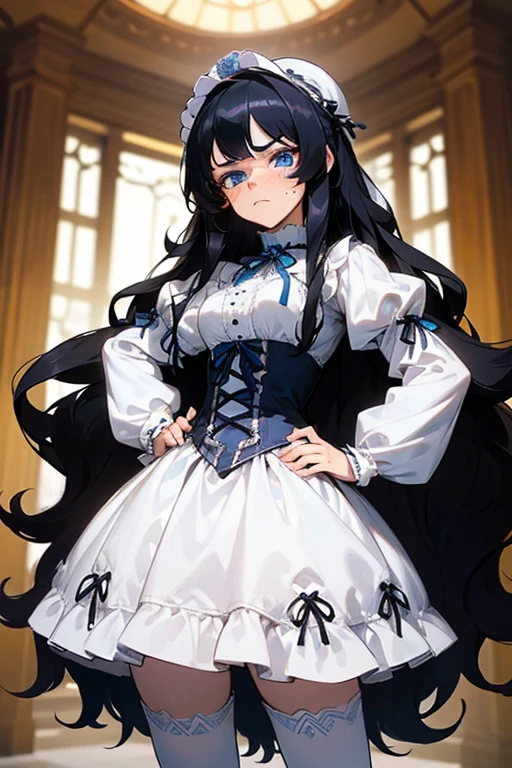 (masterpiece, best quality), warm lighting, blurry foreground, ((White ruff)), 1 girl, cowboy shot, ((victorian outfit)), (lolita attire), (((fluffy hair))), makeup, finely detailed, (best quality), (intricate details), ((Long jet black hair)), ((Hair is fluffy)), best quality, ((Puffy long sleeve dress)), (white ruff), ((Thigh high socks)), ((socks are white)), ((round eyes)), beautiful face, cute face, pinup, perfect face, (((blue eyes))), ((curly long hair)), ((disgusted expression)), Dress is long, hands on hips, looking at POV