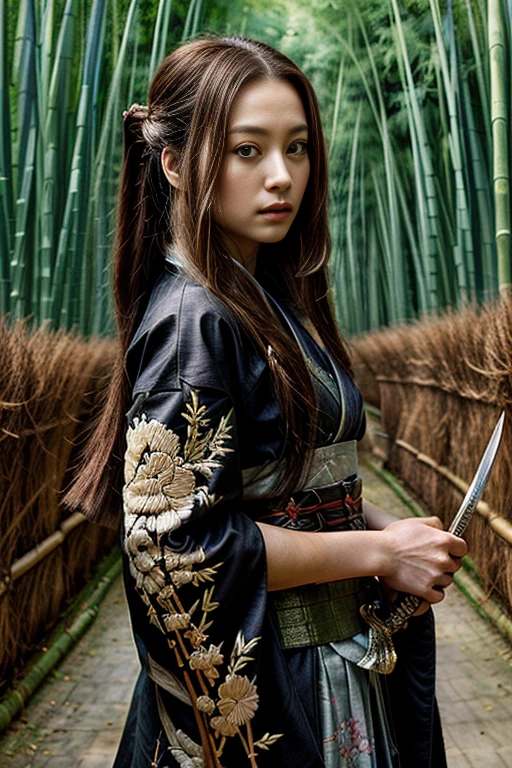 ((highest quality)), ((masterpiece)), (detailed), Perfect Face、Beautiful costumes(High-end kimono(Black kimono(Detailed embroidery)、Japanese sword、Bamboo grove、Brown Hair、A beautiful samurai woman in a kimono with long flowing hair, Capture strength and grace, Backgrounds that make your character stand out, Japanese sword, Courage and beauty、bamboo forest、Hold the sword、Hairstyle: Long hair、Brown Hair