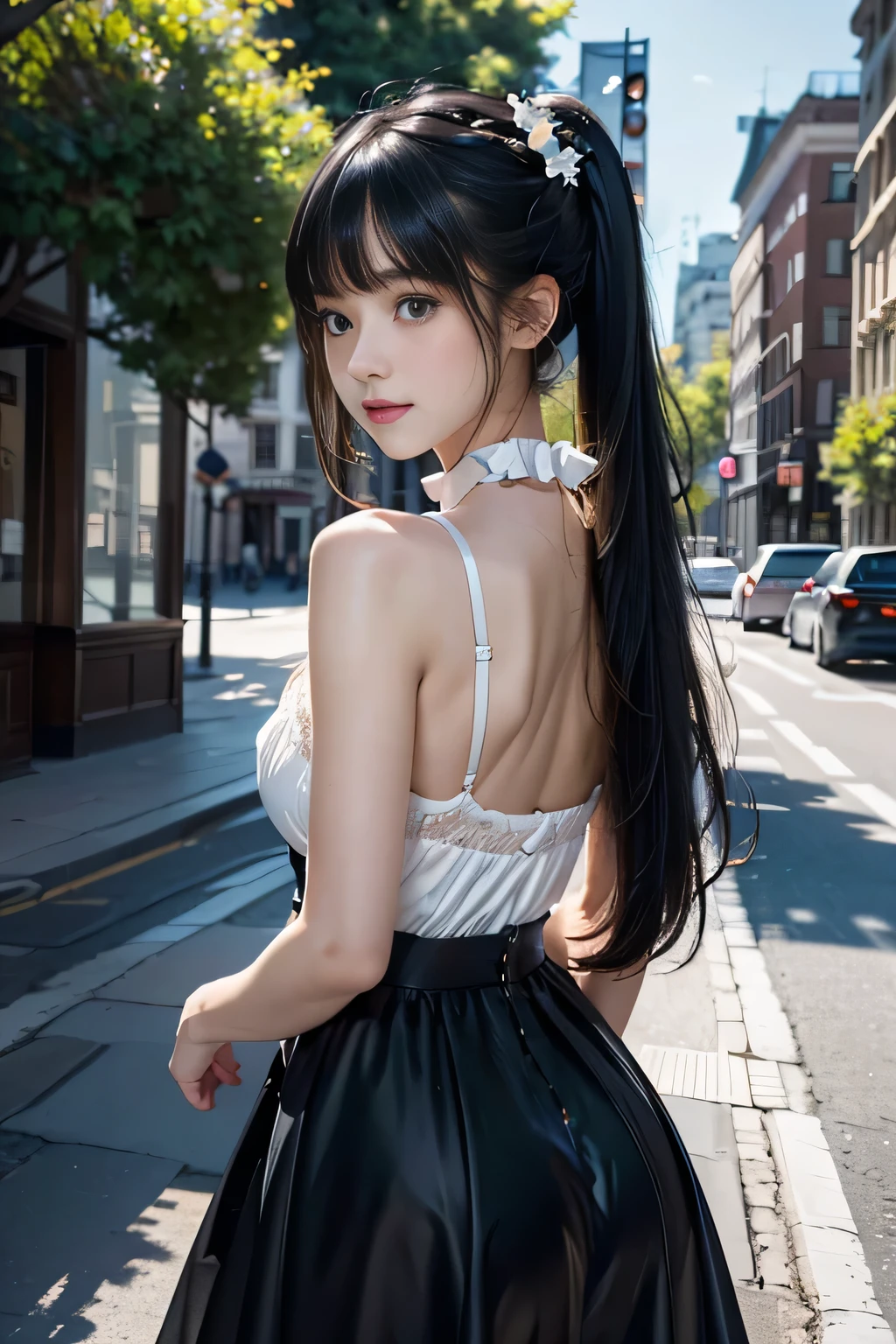 (beautiful elegant white panties), (looking back at the viewer),♥(sexy mini dress ta gothic costume),((1girl,cute,young,semi long beautiful black hair,blunt bangs,pony tale,beautiful blue eyes)),(solo),((masterpiece, highest resolution,best quality)), (beautiful illustration),(loliothic costume),(looking back at the viewer), innocent smile,cinematic lighting,beautiful modern cafe,big city,flowers,buildings,blue sky