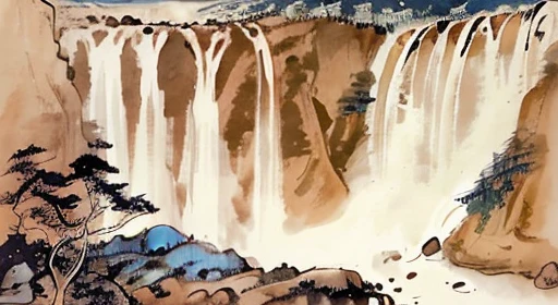 waterfall、Landscape painting、(Ink painting style)、(Beautiful views)、highest quality