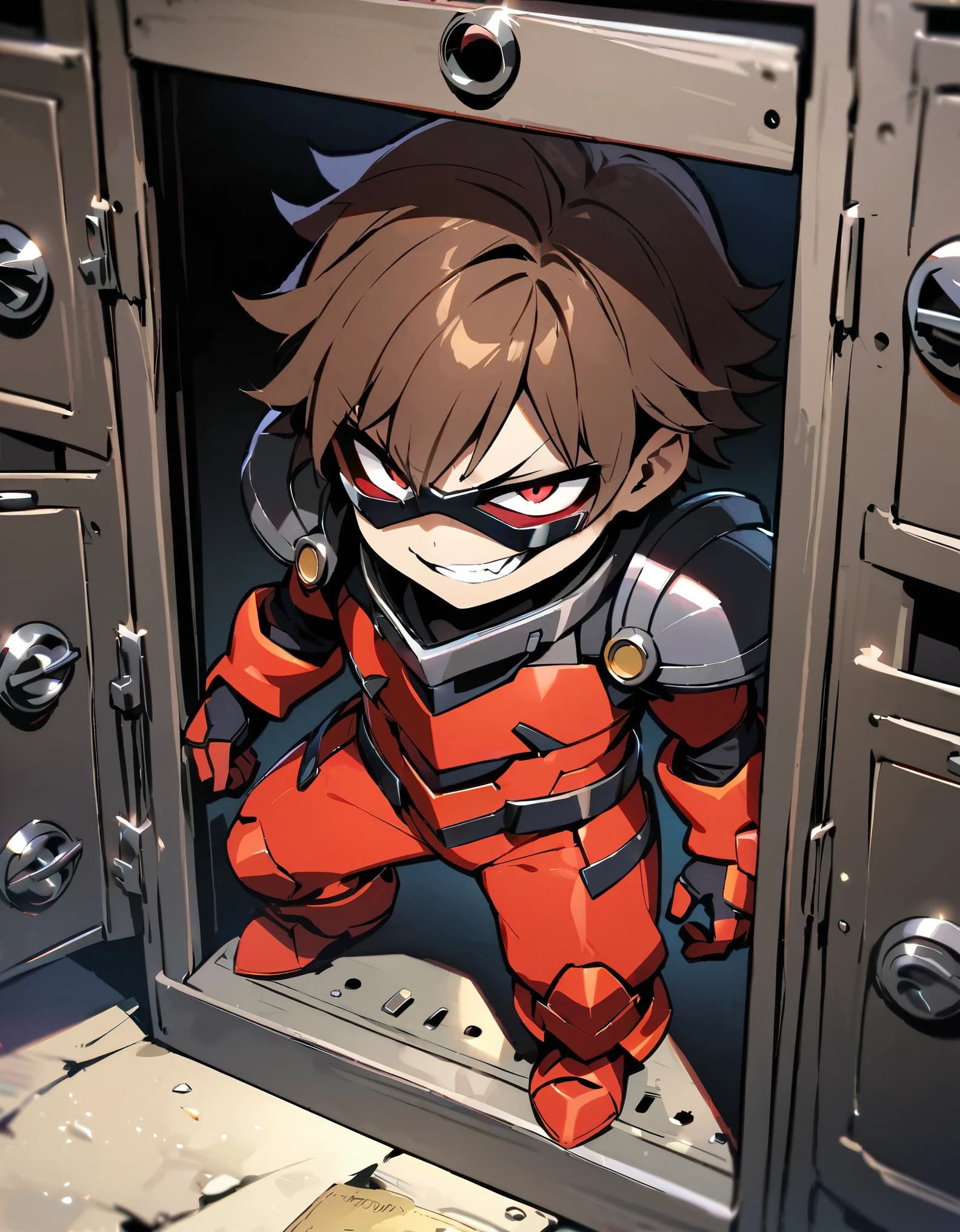 masterpiece, best quality, 1boy, male focus, supervillain, solo, red bodysuit, shoulder pads, armored suit, googles, opened bank vault, brown hair, age 12, cute face, evil smile, full body