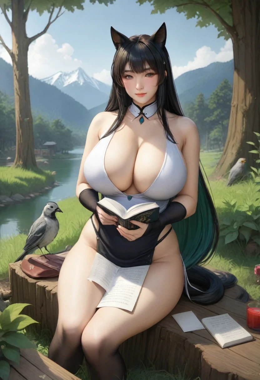 (Realistic:1.4), (highest quality:1.0), (Ultra-high resolution:1.0), 8k, RAW Photos, (masterpiece:1.2), (Big Breasts:1.0), (Purelos Face_v1:0.5), One girl, Sitting, animal, animal ears, bird, black_hair, Book, Bookmark, branch, gloves, Grass, green hair, Holding, Holding Book, Food, Food down, leaf, View Viewer, multicolored hair, open_Book, partially fingerless gloves, pen, plant, Pouch, 羽pen, read, Sitting, smile, alone, tail, wood, wood stump,, null, sun, Mountain, forest, lake