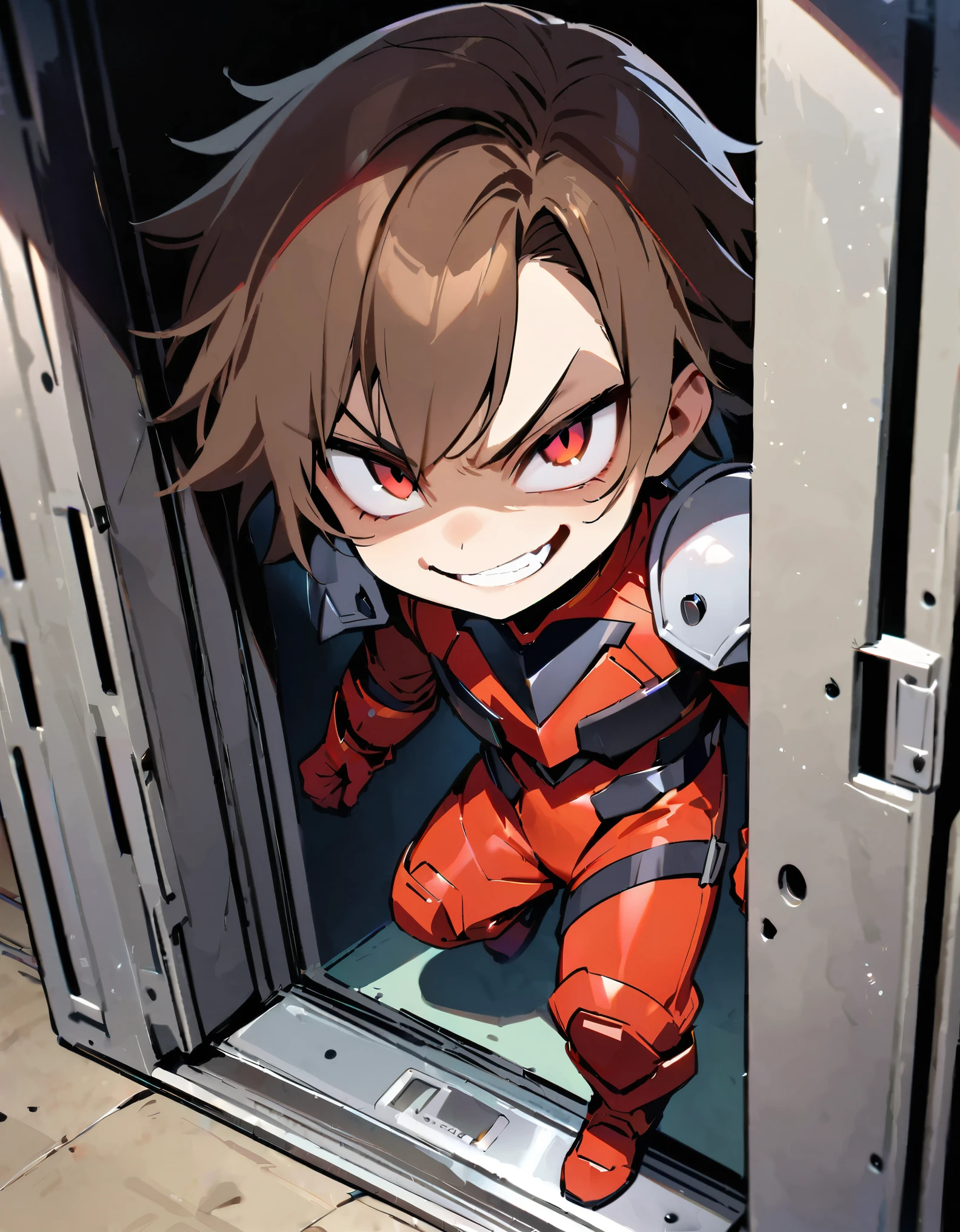 masterpiece, best quality, 1boy, male focus, supervillain, solo, red bodysuit, shoulder pads, armored suit, googles, opened bank vault, brown hair, age 12, cute face, evil smile, full body