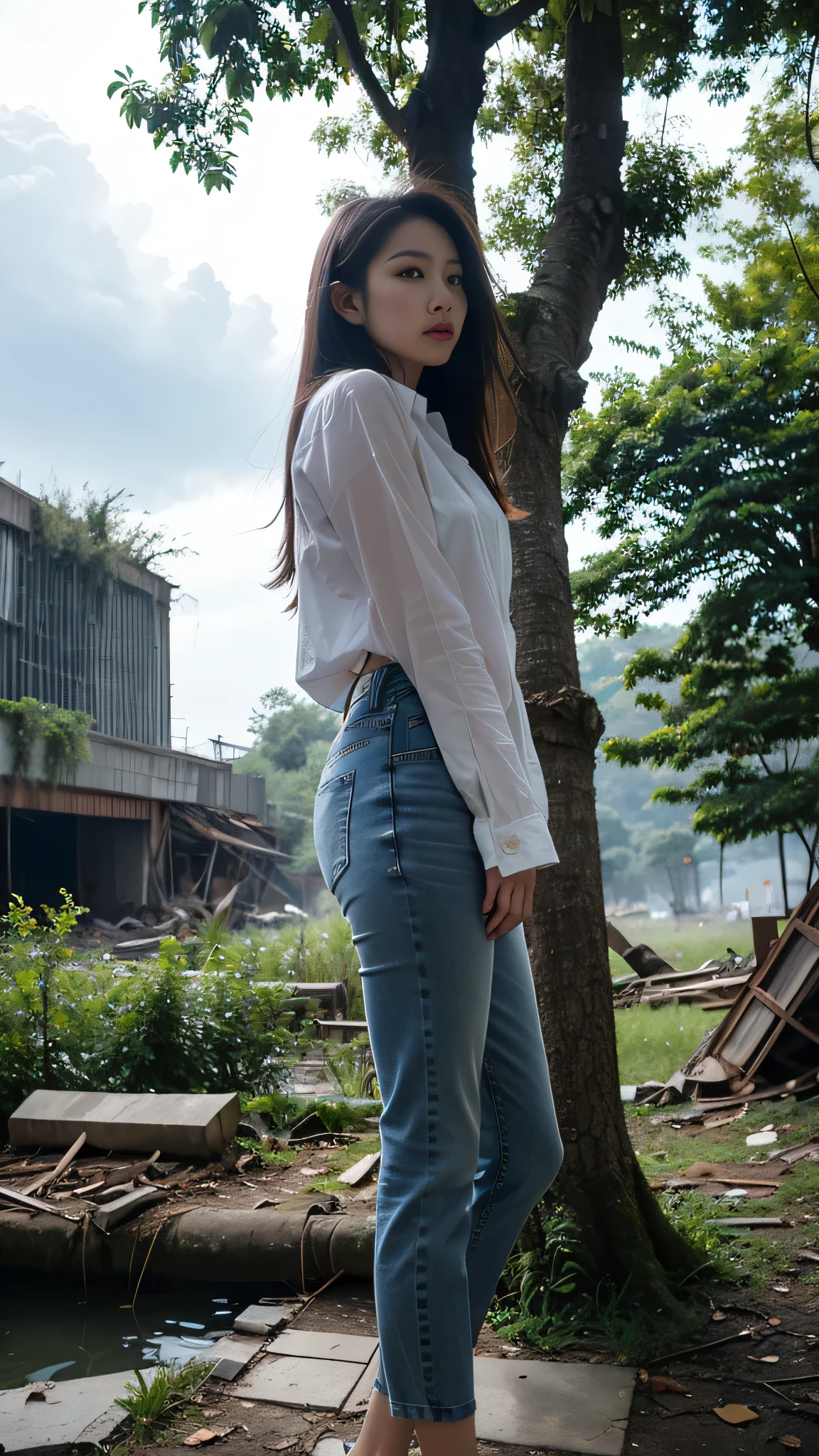 thai woman, Look at the audience, long hair, shirt, jeans, cloud, sky, Sky,outdoor, Post-apocalyptic, ruins, landscape, Tree, water,