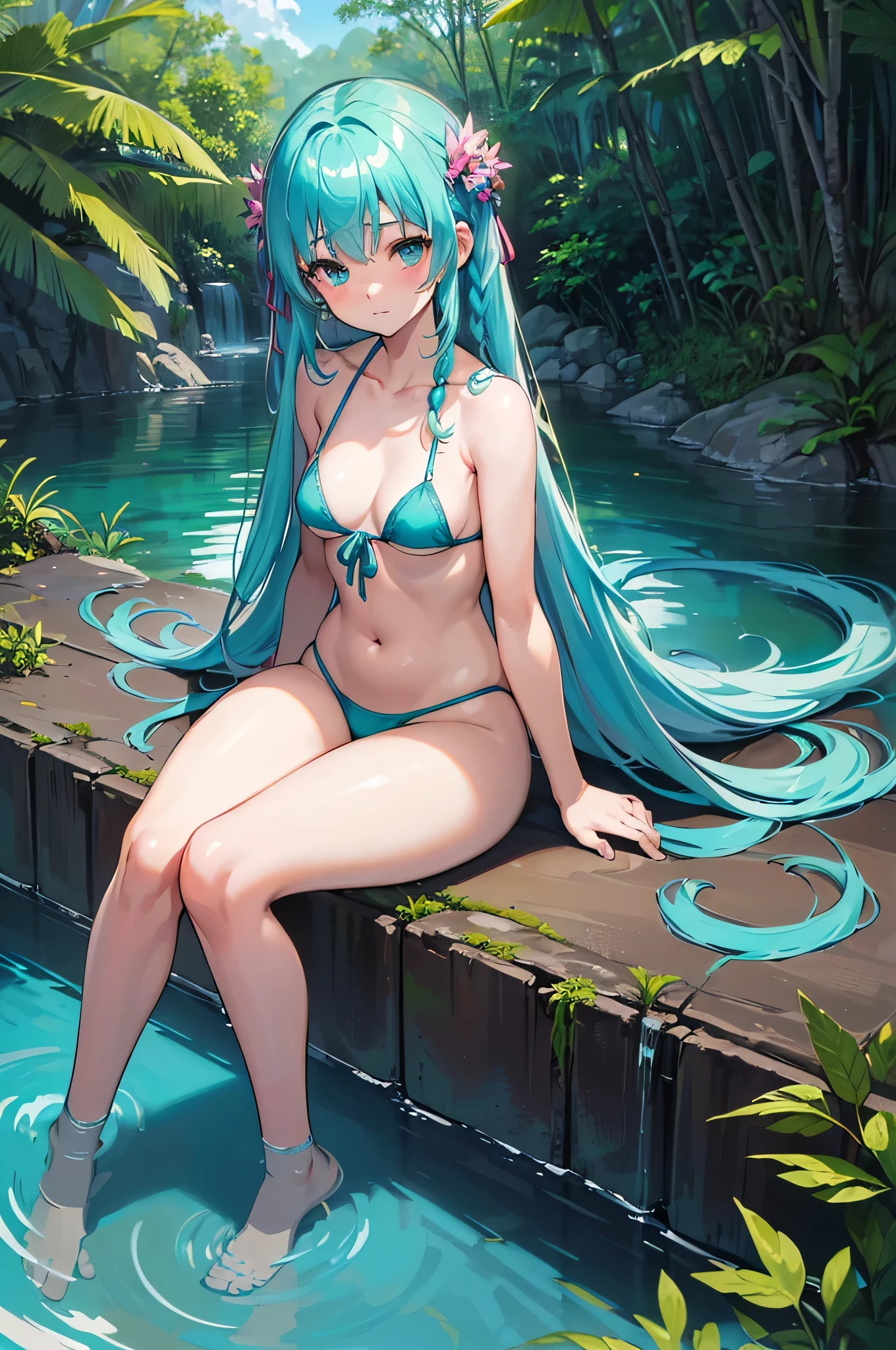 All realistic intricate details: "(medium shot, (1 girl only), Aqua COLOR hair, blush, measurements 91 60 90, (mischievous expression), sitting near a cenote, clavicle, arcane, Micro Bikini, twin braids, dynamic poses, Side and natural lighting, In the background, a cenote in the middle of the jungle, (image captured with: Canon EOS R50 camera with Canon R50 RF-S 18-45mm IS STM lens))"