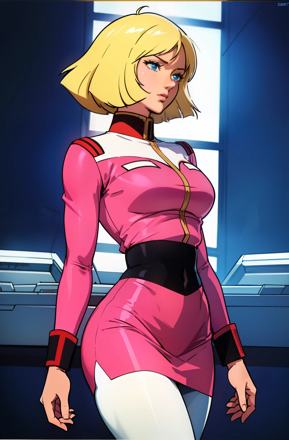 ((masterpiece)), ((cinematic lighting)), realistic photo、Real Images、Top image quality、1girl in, sayla mass, Elegant, masterpiece, Convoluted, slim arms, wide hips, thick thighs, thigh gaps, Best Quality, absurderes, high face detail, Perfect eyes, mature, Cowboy Shot, , Vibrant colors, soft pink uniform, soft pink Skirt, white tights, side view