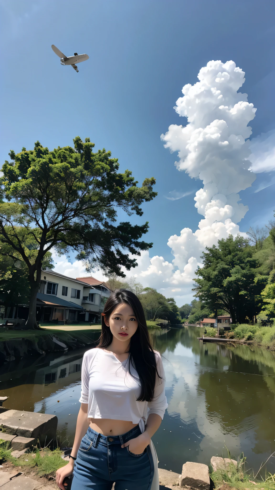 thai woman, Look at the audience, long hair, shirt, jeans, cloud, sky, Sky,outdoor, Post-apocalyptic, ruins, landscape, Tree, water,