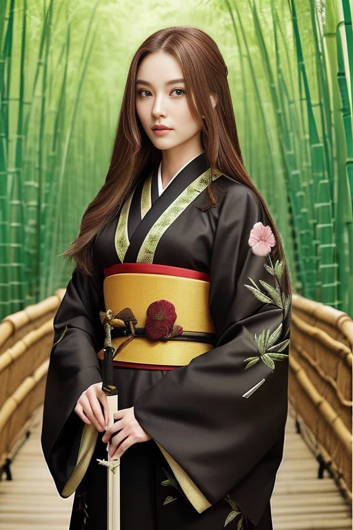 ((highest quality)), ((masterpiece)), (detailed), Perfect Face、Beautiful costumes(High-end kimono(Black kimono(Detailed embroidery)、Japanese sword、Bamboo grove、Brown Hair、A beautiful samurai woman in a kimono with long flowing hair, Capture strength and grace, Backgrounds that make your character stand out, Japanese sword, Courage and beauty、bamboo forest、Hold the sword、Hairstyle: Long hair、Brown Hair