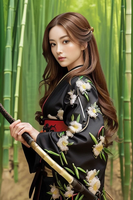 ((highest quality)), ((masterpiece)), (detailed), Perfect Face、Beautiful costumes(High-end kimono(Black kimono(Detailed embroidery)、Japanese sword、Bamboo grove、Brown Hair、A beautiful samurai woman in a kimono with long flowing hair, Capture strength and grace, Backgrounds that make your character stand out, Japanese sword, Courage and beauty、bamboo forest、Hold the sword、Hairstyle: Long hair、Brown Hair