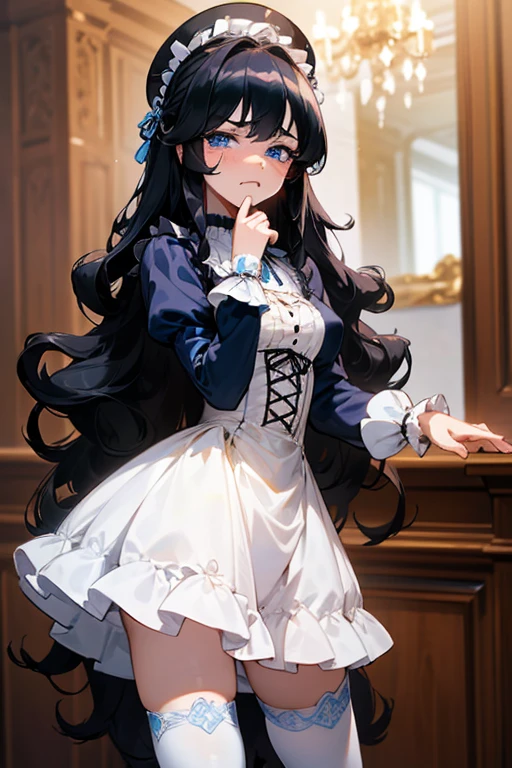 (masterpiece, best quality), warm lighting, blurry foreground, ((White ruff)), 1 girl, cowboy shot, ((victorian outfit)), (****ta attire), (((fluffy hair))), makeup, finely detailed, (best quality), (intricate details), ((Long jet black hair)), ((Hair is fluffy)), best quality, ((Puffy long sleeve dress)), (white ruff), ((Thigh high socks)), ((socks are white)), ((round eyes)), beautiful face, cute face, pinup, perfect face, (((blue eyes))), ((curly long hair)), ((disgusted expression)), Dress is long, looking at POV, 